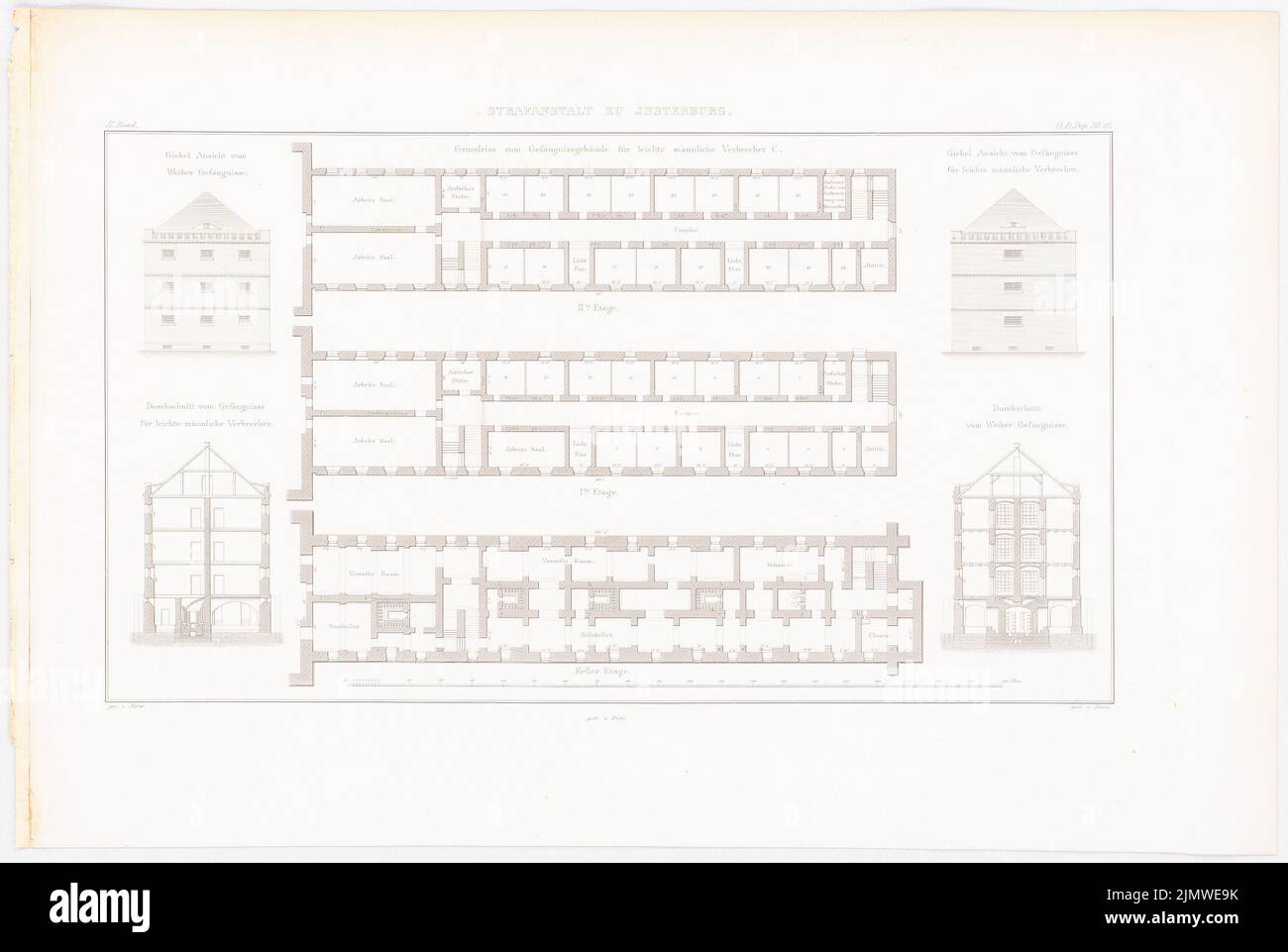 Schinkel Karl Friedrich (1781-1841), prison d'Innerburg (1832-1832): Bâtiment C pour les criminels masculins légers: Plans d'étage, vue transversale, vue de face; bâtiment D pour les prisonnières vue de pignon nord, vue transversale. Couture sur papier, 35,8 x 53,4 cm (y compris les bords de numérisation) Schinkel Karl Friedrich (1781-1841): Strafanstalt, Inserburg. (AUS: Bauausführungen des preußischen Staats, BD 2) Banque D'Images