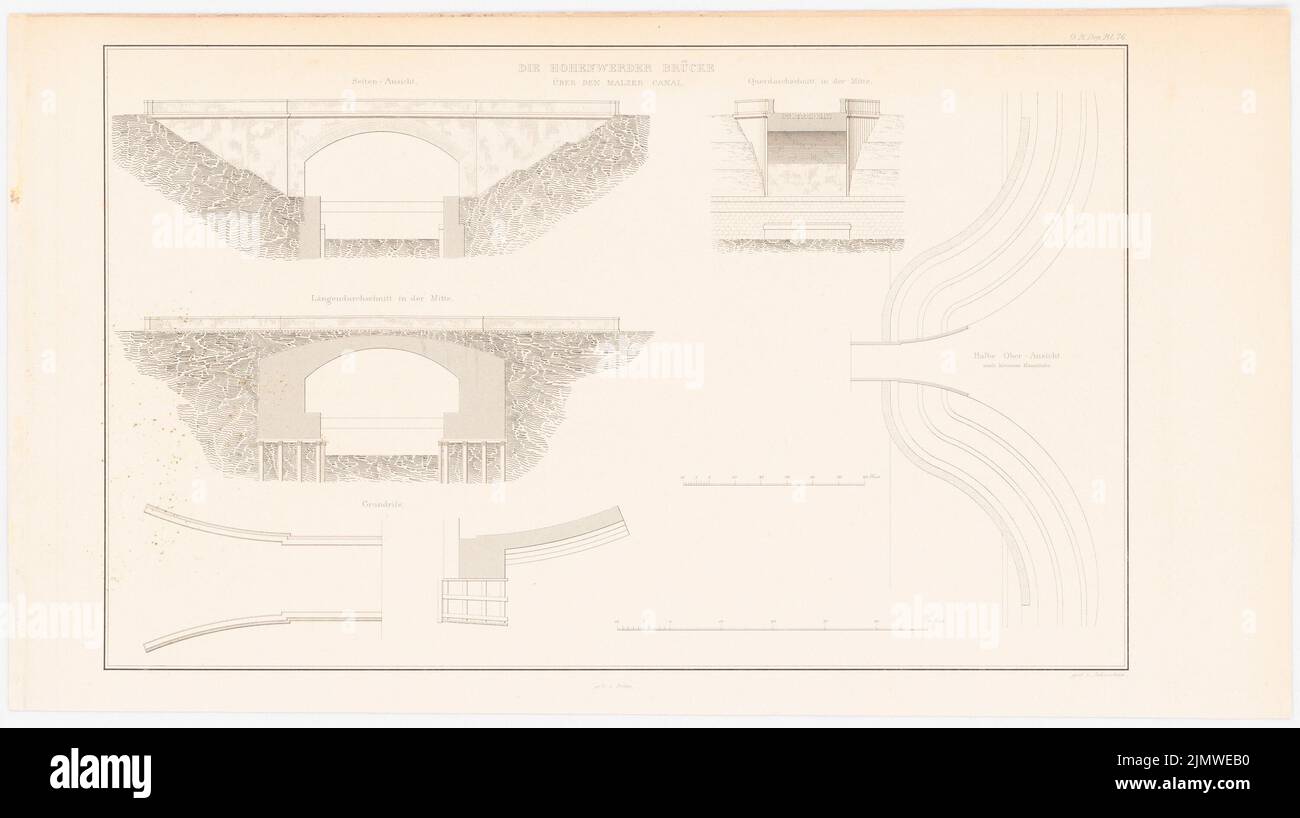 Oberbau deputation, canal de Finow (1823-1823): Hohenwerda, pont (de: Construction de l'État prussien, vol. 1, CH. 76). Couture sur papier, 28 x 50 cm (y compris les bords de numérisation) Oberbaudeputation : Finow-Kanal. (AUS: Bauausführungen des preußischen Staats, BD 1) Banque D'Images