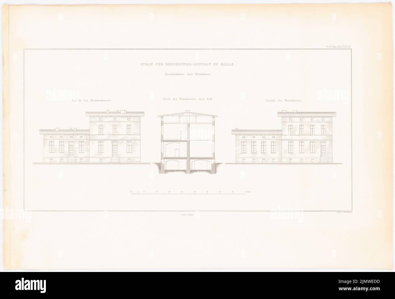 Oberbau deputation, prison à Halle/Saale (1836-1836): Hôpital: Vue, lave-linge: Vue, coupe transversale (de: Construction de l'État prussien, vol. 2, BL. 55). Couture sur papier, 36,6 x 53,2 cm (y compris les bords de numérisation) Oberbaudeputation : Gefängnis, Halle/Saale. (AUS: Bauausführungen des preußischen Staats, BD 2) Banque D'Images