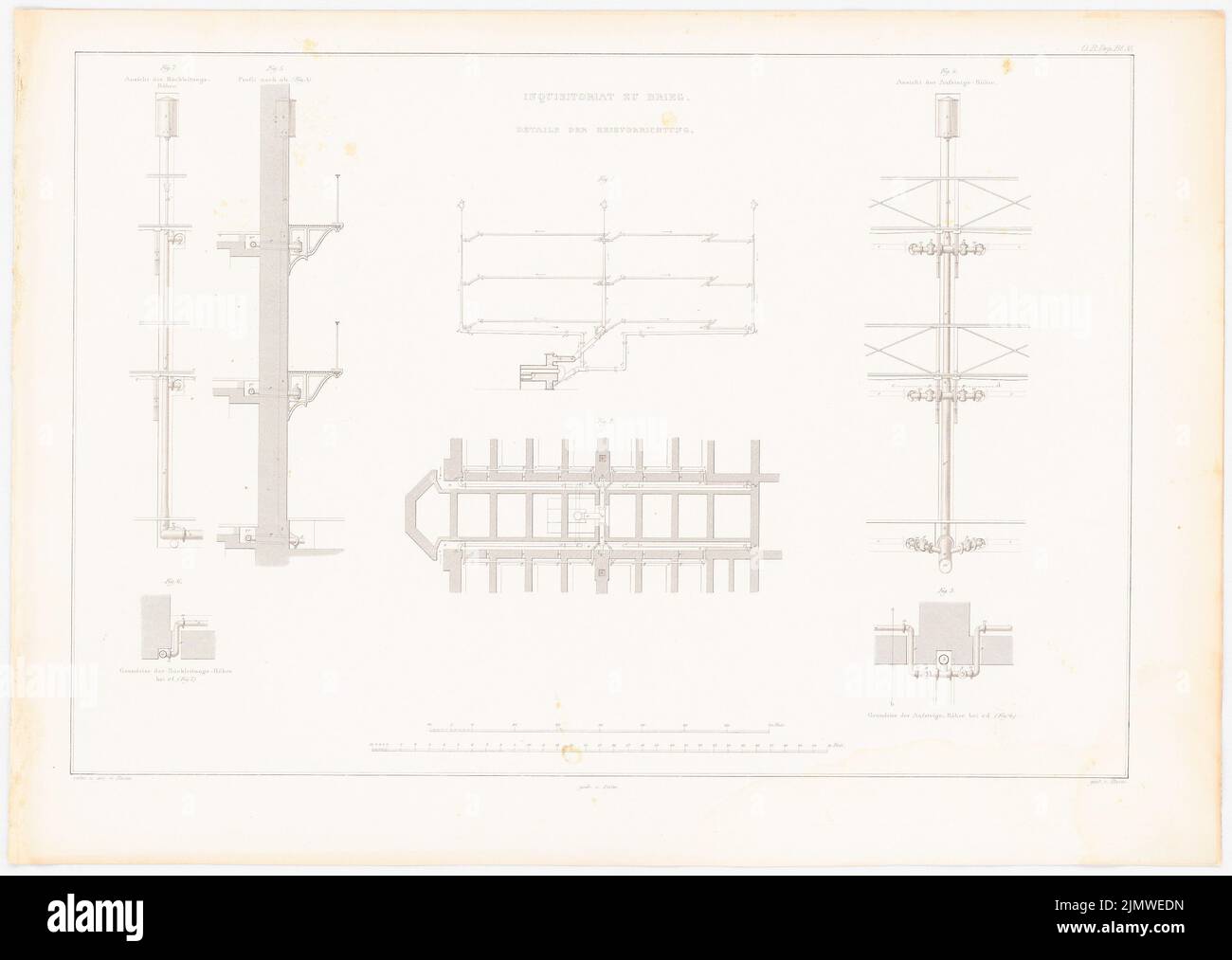 Busse Carl Ferdinand (1802-1868), prison de Brieg (1843): Détails (de: Construction de l'État prussien, vol. 2, Bl. 35). Couture sur papier, 39,6 x 55,8 cm (y compris les bords de numérisation) Busse Carl Ferdinand (1802-1868): Gefängnis, Brieg. (AUS: Bauausführungen des preußischen Staats, BD 2) Banque D'Images