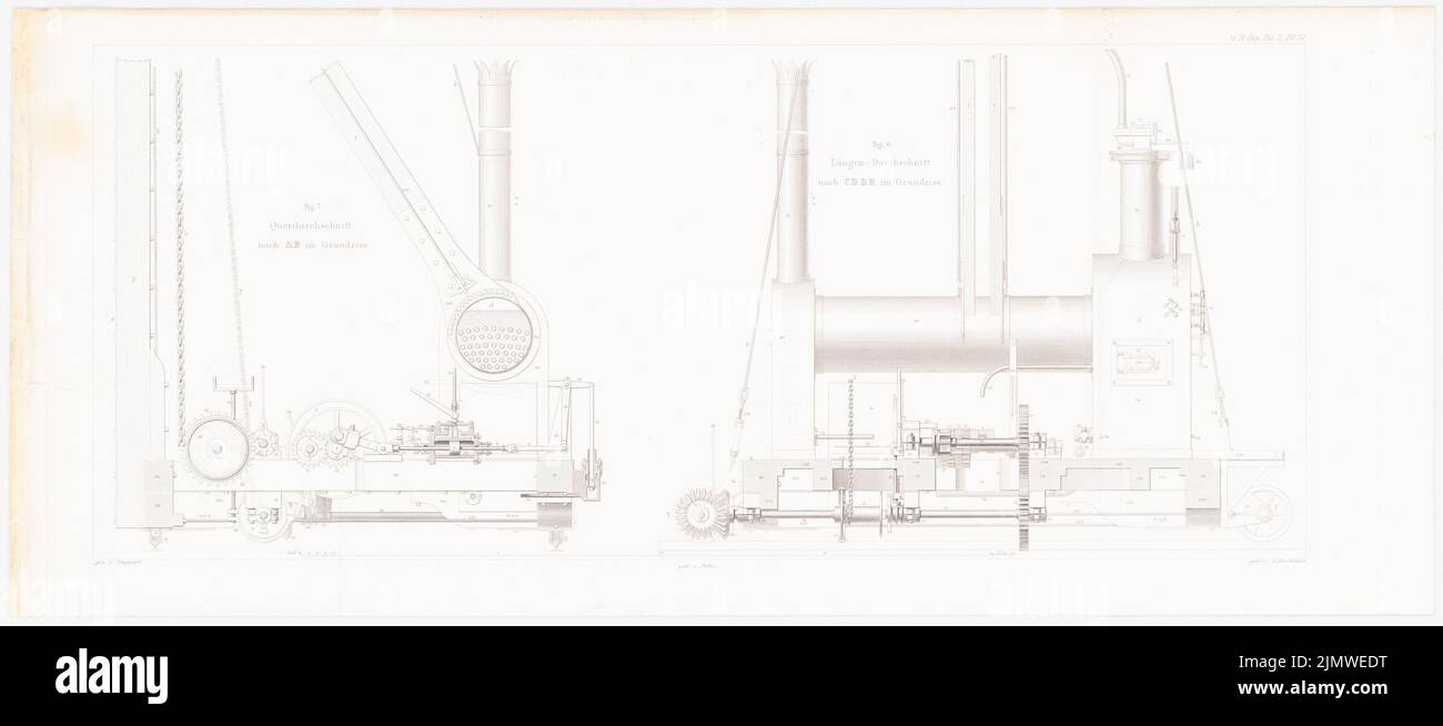 Auteurs inconnus, bélier à vapeur de Nasmyth (1847-1847) : section longitudinale et transversale (de : construction de l'État prussien, vol. 2, CH. 57). Coudre sur du papier, 27,9 x 64,3 cm (y compris les bords de numérisation) Unbek. Verfasser : Nasmythsche Dampframme. (AUS: Bauausführungen des preußischen Staats, BD 2) Banque D'Images