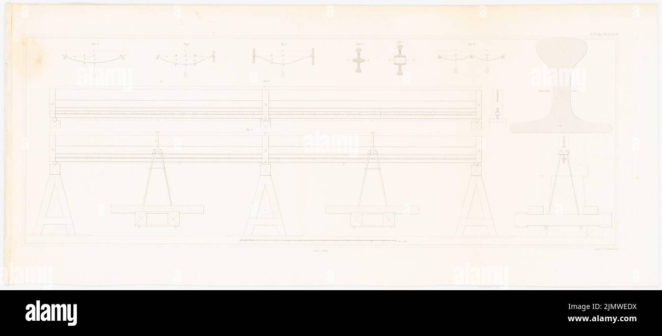 Auteurs inconnus, rails de Bignol (rails couplés) (sans date): Comportement des transporteurs en cas de charges différentes (de: Construction de l'État prussien, vol. 2, CH. 61). Coudre sur du papier, 31,3 x 71,3 cm (y compris les bords de numérisation) Unbek. Verfasser : Vignolschienen (gekuppelte Schienen). (AUS: Bauausführungen des preußischen Staats, BD 2) Banque D'Images
