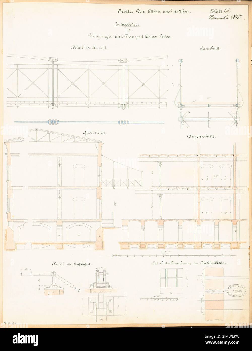 Architecte inconnu, pont suspendu. Concours mensuel novembre 1878 (11,1878): Détails 1:75, 1:15; 2 bandes d'échelle. Tuche aquarelle sur la boîte, 57,9 x 44,6 cm (y compris les bords de numérisation) N.N. : Hängebrücke. Monatskonkurrenz novembre 1878 Banque D'Images