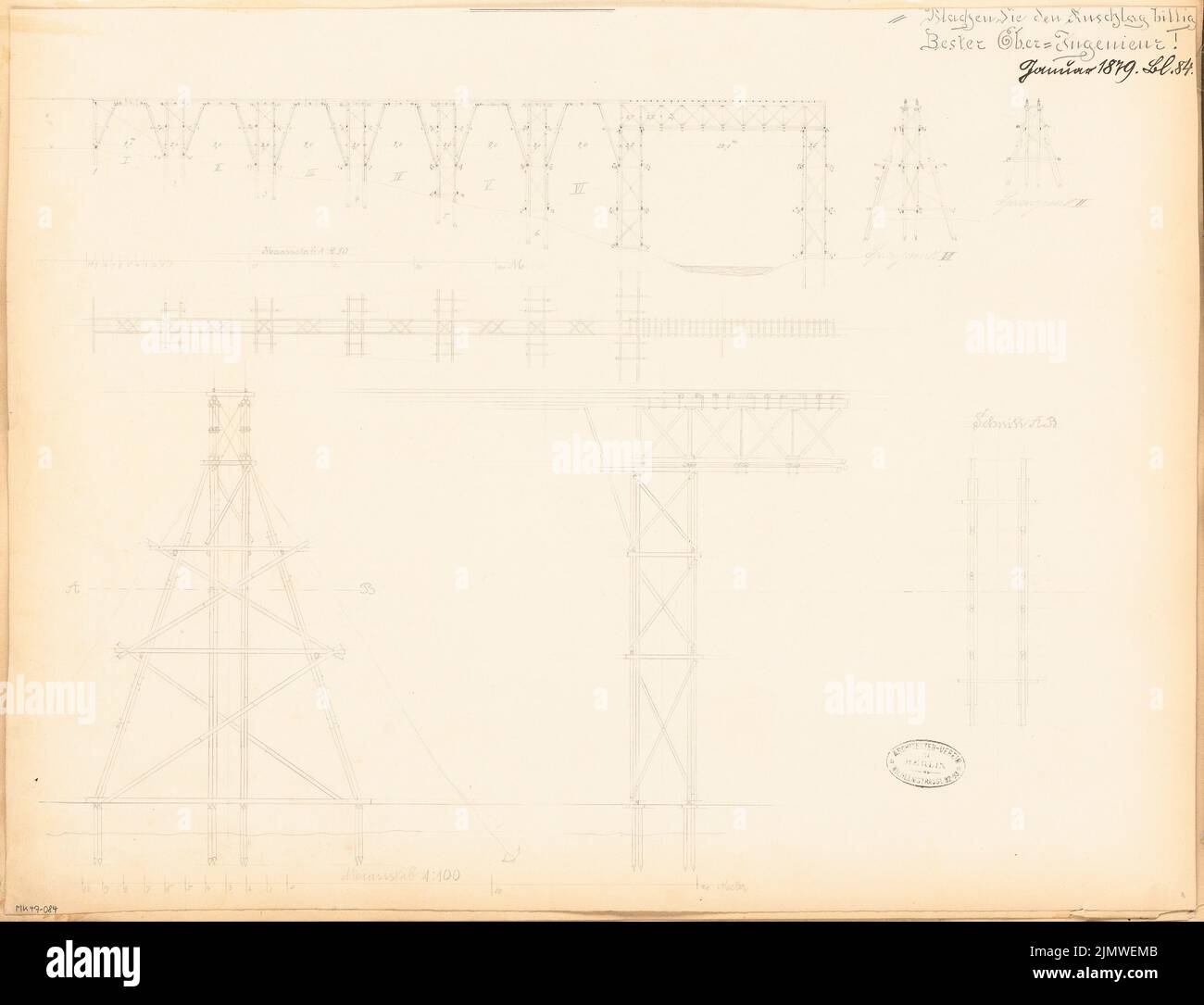 Architecte inconnu, viaduc en bois. Compétition mensuelle janvier 1879 (01,1879): Plan d'étage, vue latérale verticale 1: 250, section longitudinale (encolure), 4 coupes transversales 1: 100; 2 bandes d'échelle. Crayon sur carton, 44,7 x 58,3 cm (y compris les bords de numérisation) N. : Hölzerner Viadukt. Monatskonkurrenz Januar 1879 Banque D'Images