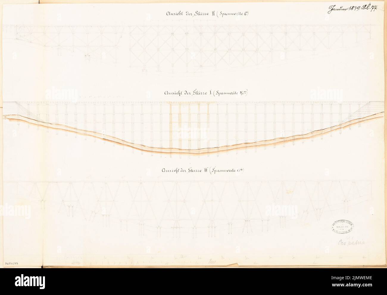 Architecte inconnu, viaduc en bois. Compétition mensuelle janvier 1879 (01,1879): 3 variantes: Vue du dessus 1: 250; 2 bandes d'échelle. Aquarelle crayon sur la boîte, 45 x 65 cm (y compris les bords de numérisation) N. : Hölzerner Viadukt. Monatskonkurrenz Januar 1879 Banque D'Images