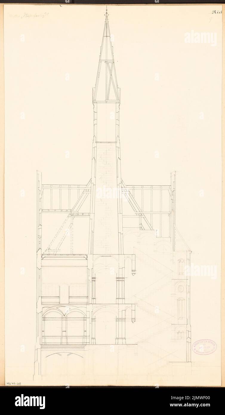 Architecte inconnu, hôtel de ville de Calau. Concours mensuel 1879 mars (03,1879) : section transversale. Encre et crayon sur carton, 59,5 x 34,5 cm (y compris les bords de numérisation) N. : Rathaus, Calau. Monatskonkurrenz März 1879 Banque D'Images