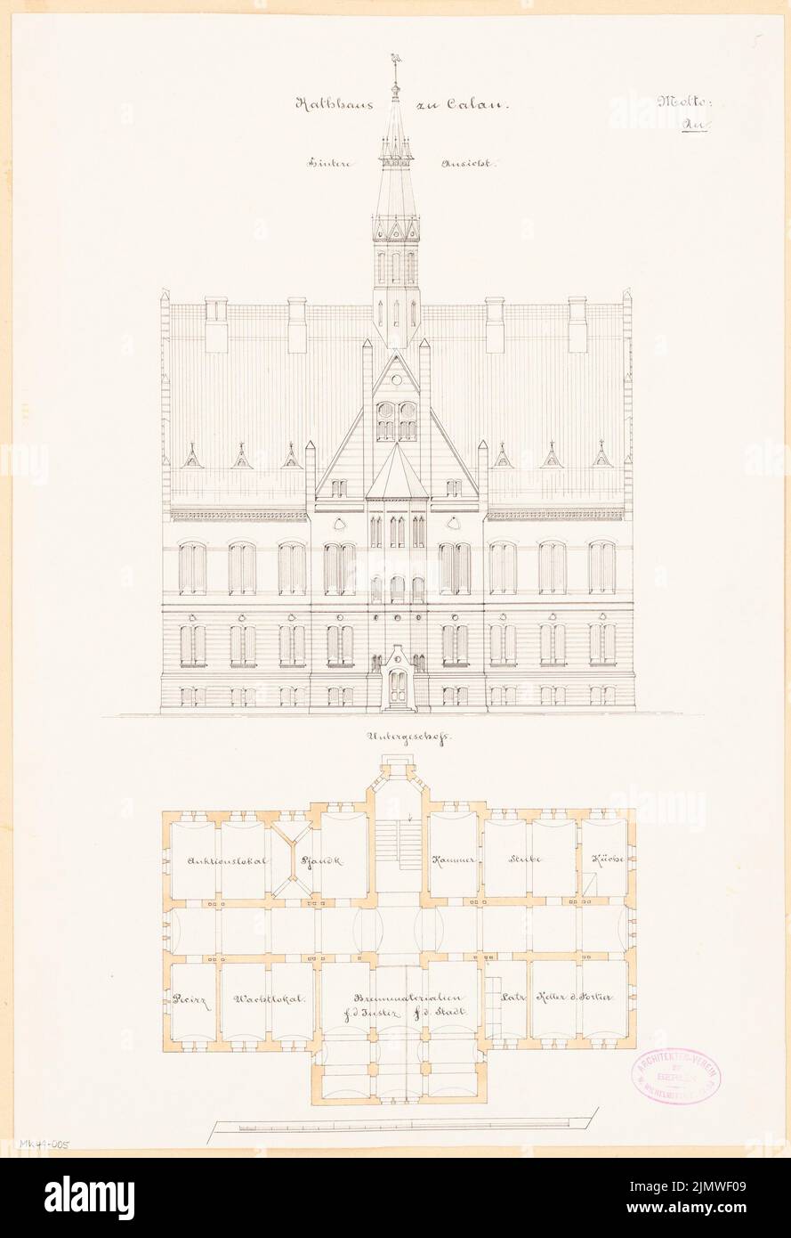 Architecte inconnu, hôtel de ville de Calau. Compétition mensuelle Mars 1879 (03,1879): Grundliss Keller, récupération de la vue arrière; barre d'échelle. Tuche aquarelle sur la boîte, 49 x 33,5 cm (y compris les bords de numérisation) N.N. : Rathaus, Calau. Monatskonkurrenz März 1879 Banque D'Images