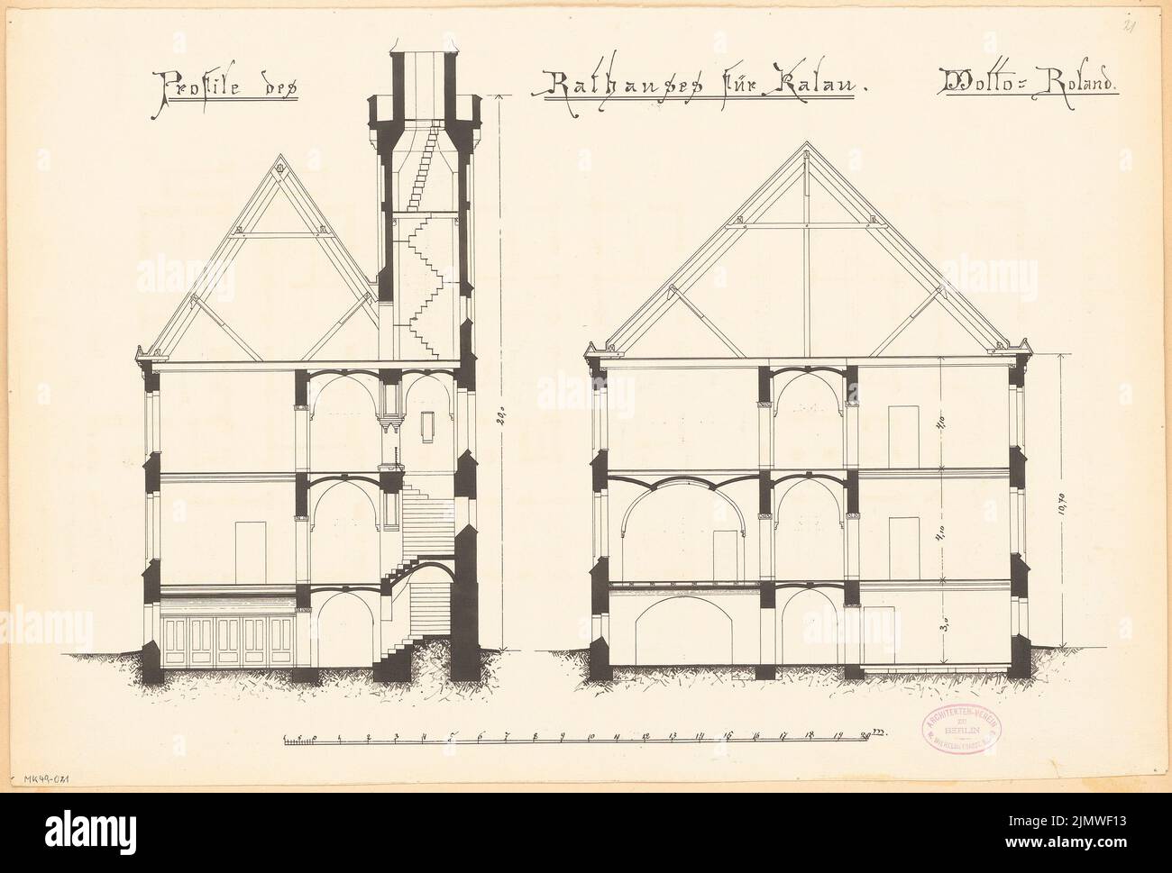 Architecte inconnu, hôtel de ville de Calau. Compétition mensuelle Mars 1879 (03,1879): 2 sections; barre d'échelle. Encre sur carton, 37,7 x 55,6 cm (y compris les bords de numérisation) N.N. : Rathaus, Calau. Monatskonkurrenz März 1879 Banque D'Images