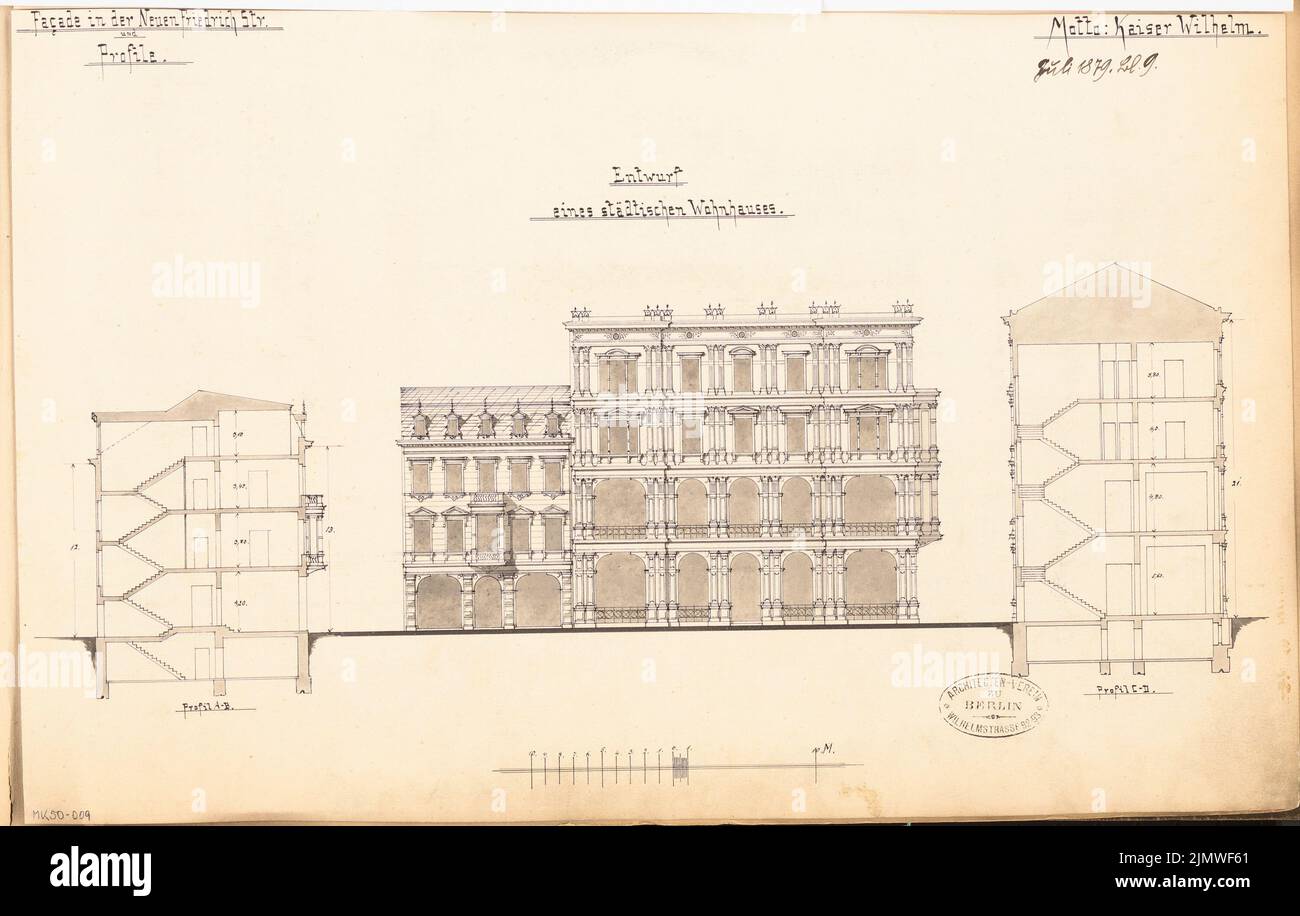 Architecte inconnu, immeuble résidentiel urbain. Compétition mensuelle en juillet 1879 (07,1879) : vue latérale du RISS, 2 sections; barre d'échelle. Aquarelle de l'encre et du crayon sur la boîte, 29 x 45,6 cm (y compris les bords de numérisation) N. : Städtisches Wohnhaus. Monatskonkurrenz Juli 1879 Banque D'Images