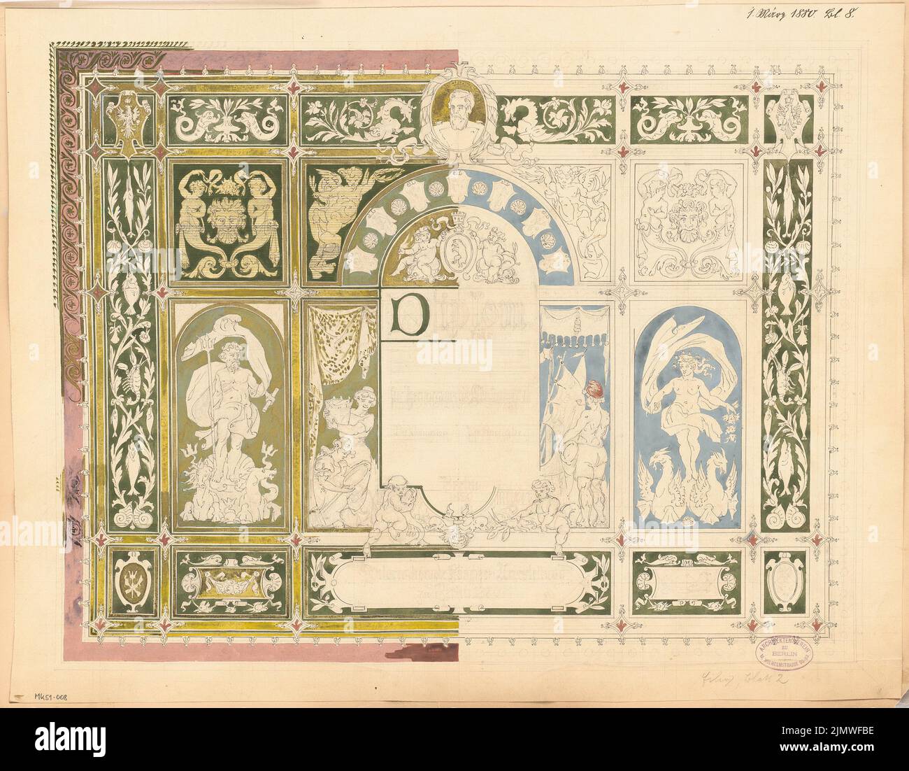 Architecte inconnu, diplôme pour l'exposition internationale de pêche à Berlin. Concours mensuel Mars 1880 (03,1880): Voir. Crayon et aquarelle d'encre sur la boîte, 46,5 x 59,7 cm (y compris les bords de numérisation) N. : Diplom für die internationale Fischerei-Ausstellung à Berlin. Monatskonkurrenz März 1880 Banque D'Images