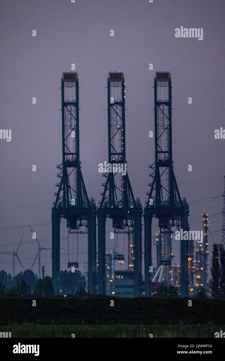 Anvers, Belgique, Europe, 20th avril 2022, Une rangée de grues à conteneurs a jut dans le port d'Anvers lors d'une soirée brumeuse. Banque D'Images