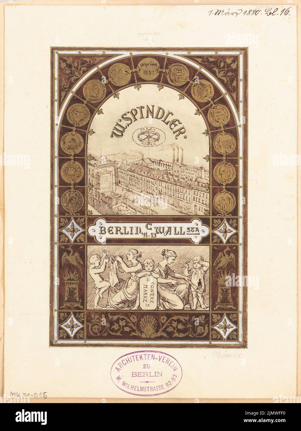 Architecte inconnu, vignette de titre pour Spindler à Berlin-Köpenick. Compétition mensuelle Mars 1880 (03,1880): Voir en avant. Tuche aquarelle sur la boîte, 21,3 x 15,9 cm (y compris les bords de numérisation) N.N. : Titelvignette für die Fa. Spindler, Berlin-Köpenick. Monatskonkurrenz März 1880 Banque D'Images