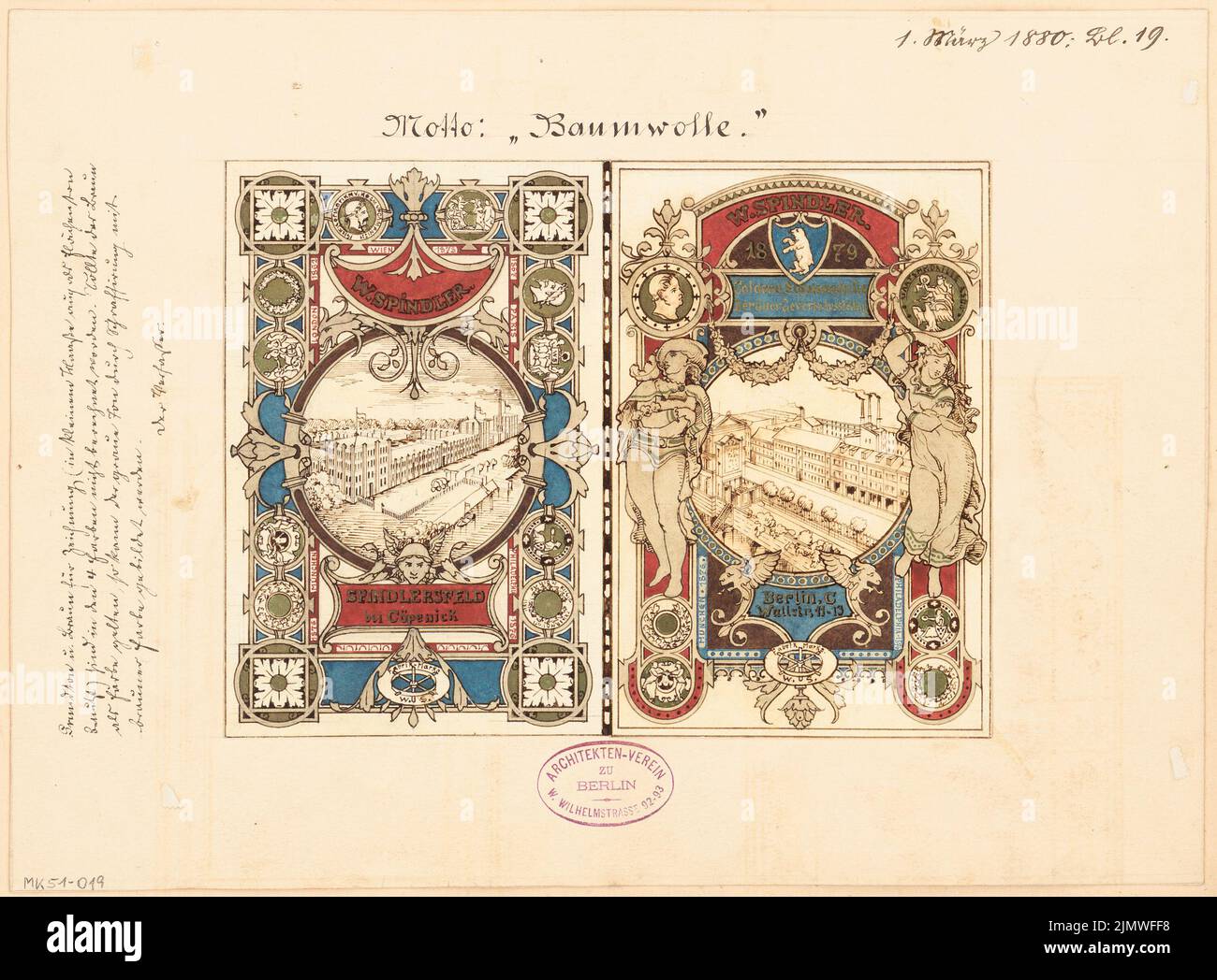 Architecte inconnu, vignette de titre pour Spindler à Berlin-Köpenick. Compétition mensuelle du 1880 mars (03,1880) : vue avant, vue arrière. Tuche aquarelle sur la boîte, 24,9 x 33,8 cm (y compris les bords de numérisation) N.N. : Titelvignette für die Fa. Spindler, Berlin-Köpenick. Monatskonkurrenz März 1880 Banque D'Images