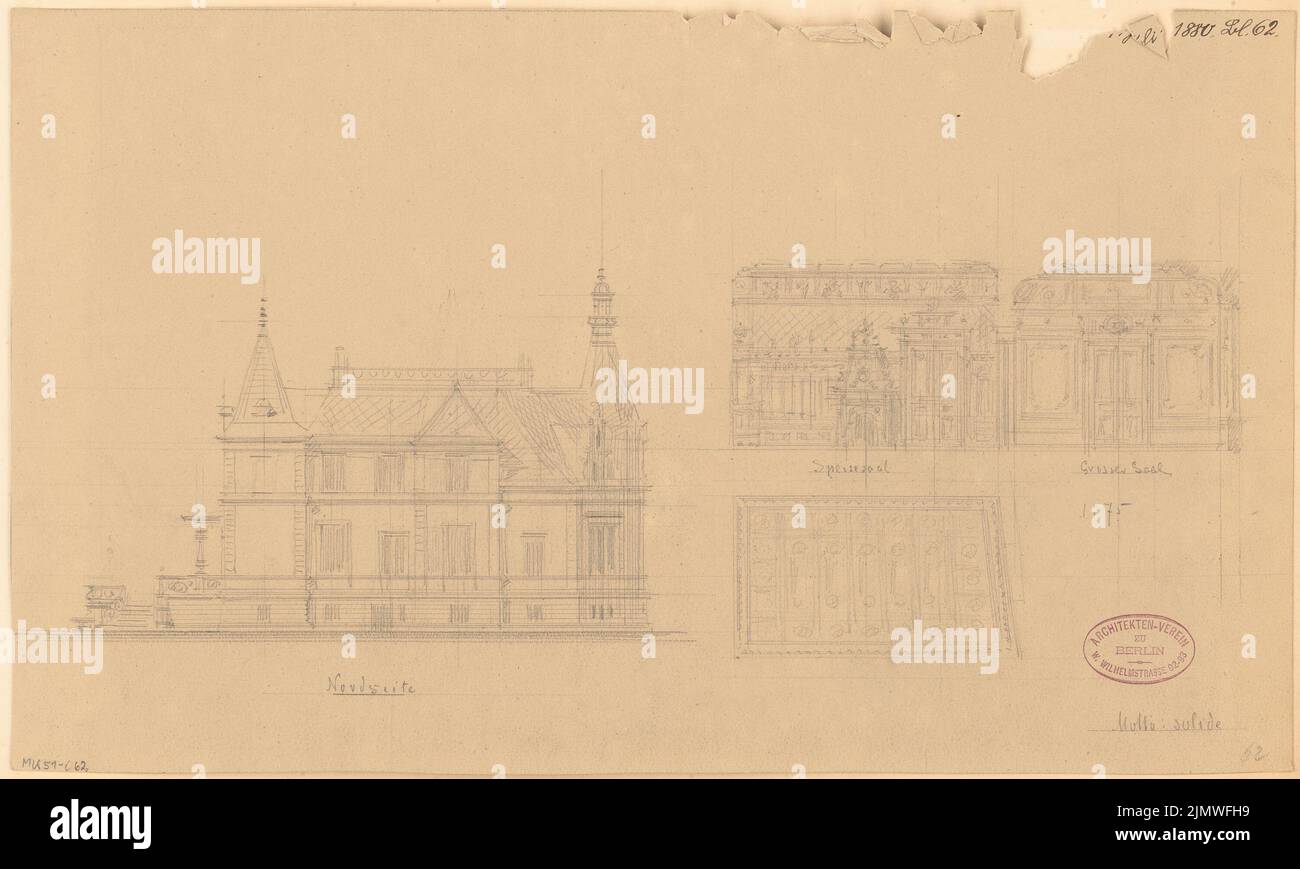 Architecte inconnu, immeuble résidentiel à Eberswalde. Compétition mensuelle juillet 1880 (07,1880): Vue sur le jardin supérieur (côté nord); esquisse du plafond et d'un mur dans la salle à manger, un mur dans le grand hall. Crayon sur carton, 26,4 x 44,1 cm (y compris les bords de numérisation) N. : Wohnhaus, Eberswalde. Monatskonkurrenz Juli 1880 Banque D'Images