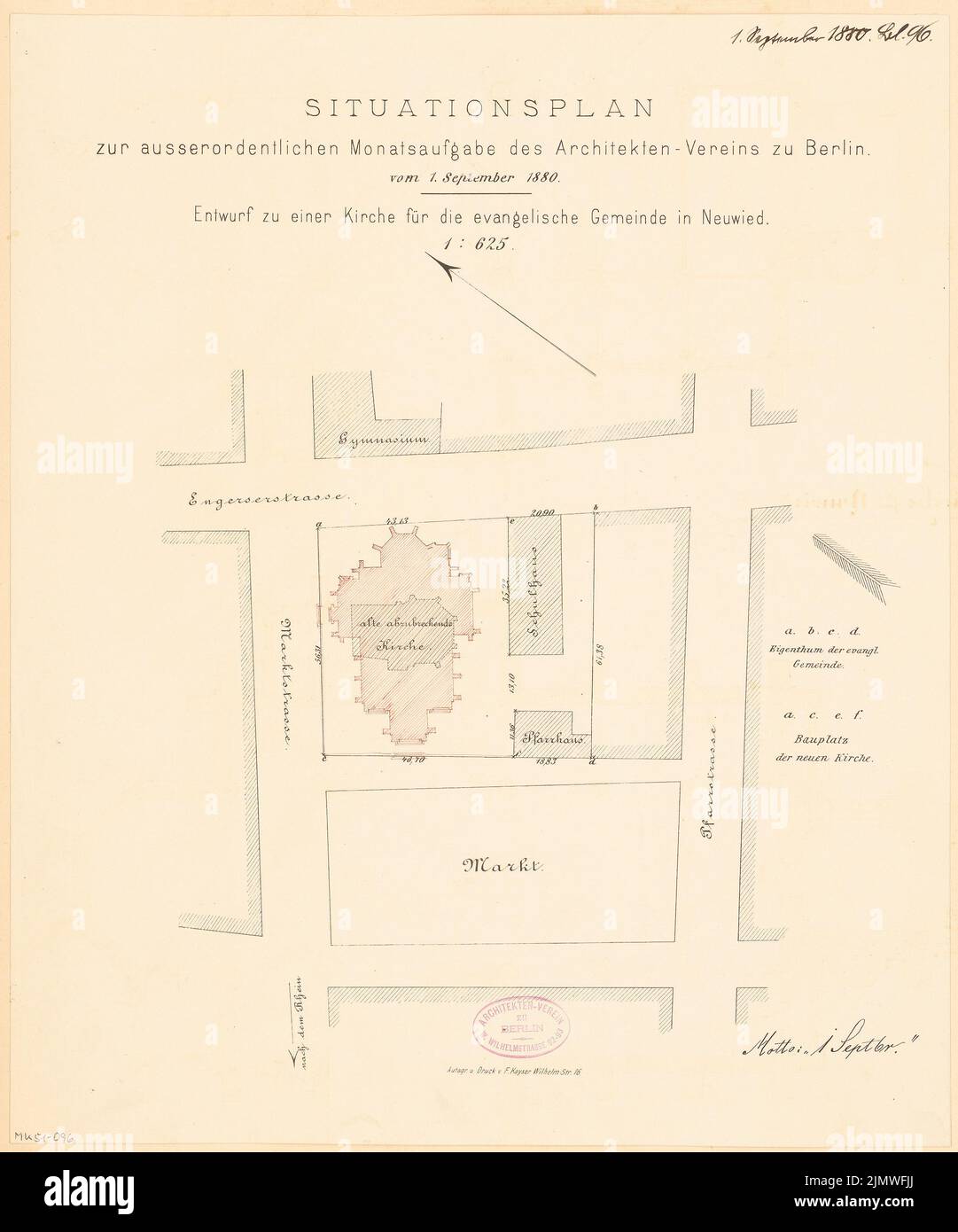 Architecte inconnu, Église évangélique de Neuwied. Compétition mensuelle septembre 1880 (09,1880): Plan du site 1: 625. Pression excessive de l'encre sur le papier, 44,9 x 37,3 cm (y compris les bords de numérisation) N. : Evangelische Kirche, Neuwied. Monatskonkurrenz septembre 1880 Banque D'Images