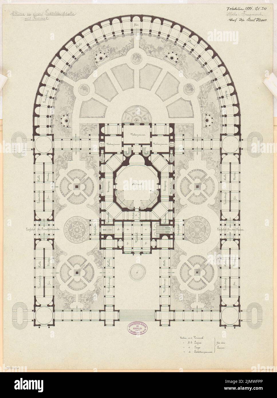 Hesse Paul (1855-1913), salle de mémoire. Compétition mensuelle du 1881 février (02,1881) : selon le plan avec plan d'étage rez-de-chaussée. Tuche aquarelle sur la boîte, 68,2 x 50,8 cm (y compris les bords de balayage) Hesse Paul (1855-1913): Gedächtnishalle. Monatskonkurrenz février 1881 Banque D'Images