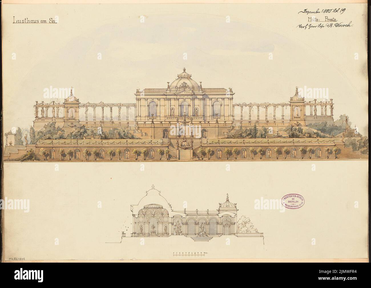 Knoch Reinhold (né en 1854), Lusthaus sur une île. Compétition mensuelle décembre 1880 (12,1880): Vue du dessus du terrain, coupe transversale; barre d'échelle. Encre et crayon aquarelle sur la boîte, 41,7 x 58,8 cm (y compris les bords de numérisation) Knoch Reinhold (geb. 1854): Lusthaus auf einer Insel. Monatskonkurrenz Dezember 1880 Banque D'Images