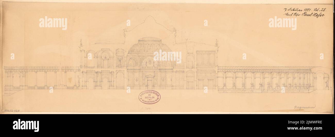 Hesse Paul (1855-1913), salle de mémoire. Concours mensuel 1881 février (02,1881) : section transversale. Crayon sur carton, 19,8 x 58,1 cm (y compris les bords de balayage) Hesse Paul (1855-1913): Gedächtnishalle. Monatskonkurrenz février 1881 Banque D'Images