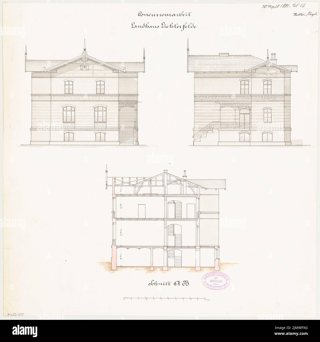 Architecte inconnu, immeuble résidentiel rural à Berlin-Lichterfelde. Compétition mensuelle 1881 avril (04,1881) : vue sur la rue Riß, vue latérale, coupe transversale ; barre d'échelle. Tuche aquarelle sur la boîte, 43,4 x 43,4 cm (y compris les bords de numérisation) N.N. : Ländliches Wohnhaus, Berlin-Lichterfelde. Monatskonkurrenz avril 1881 Banque D'Images