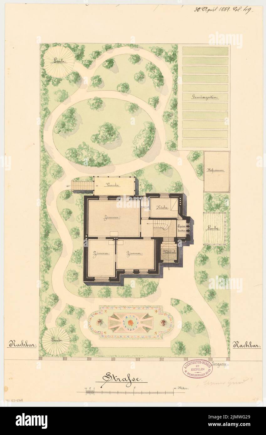 Architecte inconnu, immeuble résidentiel rural à Berlin-Lichterfelde. Compétition mensuelle avril 1881 (04,1881): Plan du site avec plan d'étage rez-de-chaussée; barre d'échelle. Tuche aquarelle sur la boîte, 51 x 33,3 cm (y compris les bords de numérisation) N.N. : Ländliches Wohnhaus, Berlin-Lichterfelde. Monatskonkurrenz avril 1881 Banque D'Images