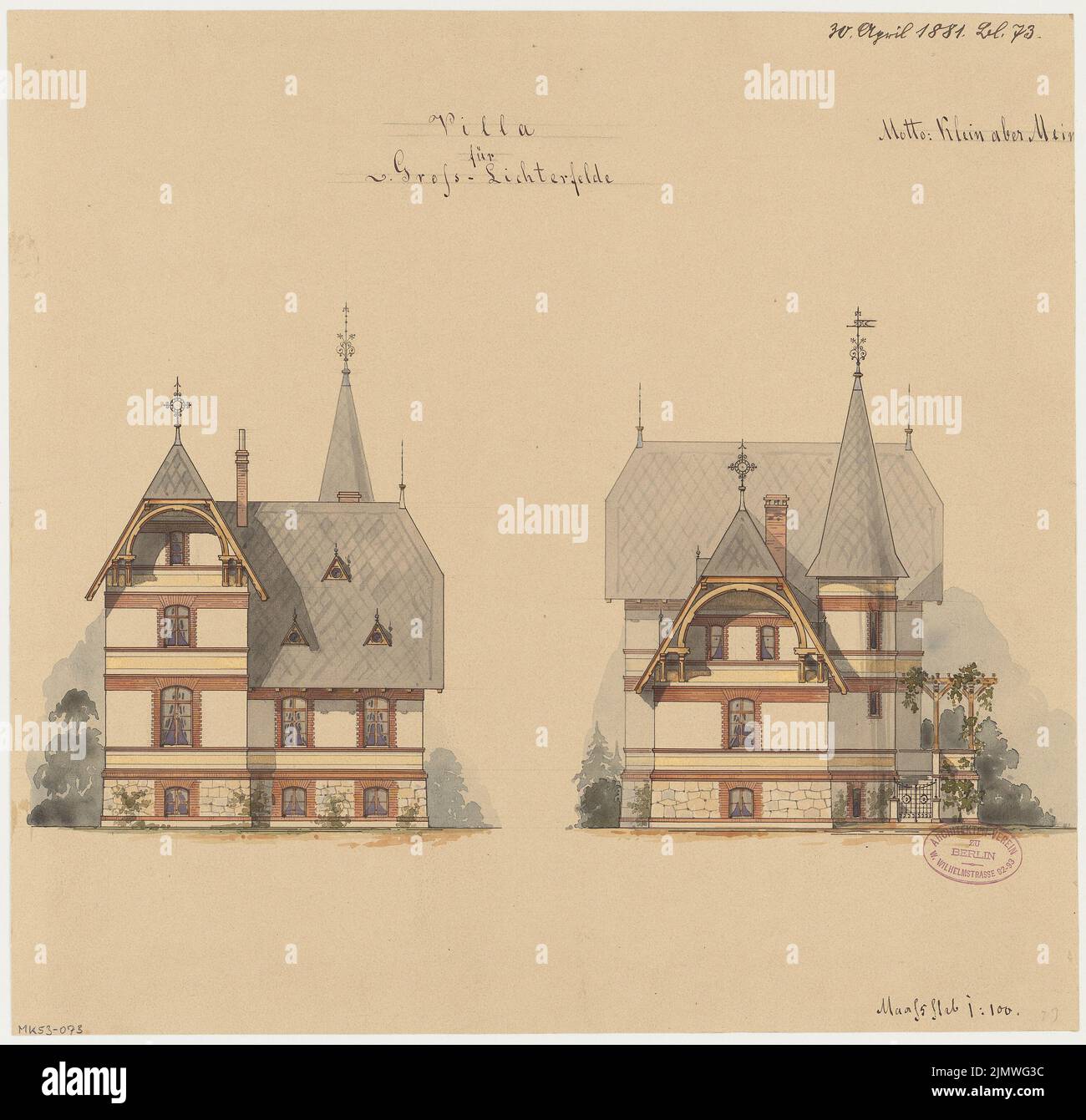 Architecte inconnu, immeuble résidentiel rural à Berlin-Lichterfelde. Compétition mensuelle avril 1881 (04,1881): RISS Road View, Side View 1: 100. Tuche aquarelle sur la boîte, 39,6 x 41,1 cm (y compris les bords de numérisation) N.N. : Ländliches Wohnhaus, Berlin-Lichterfelde. Monatskonkurrenz avril 1881 Banque D'Images