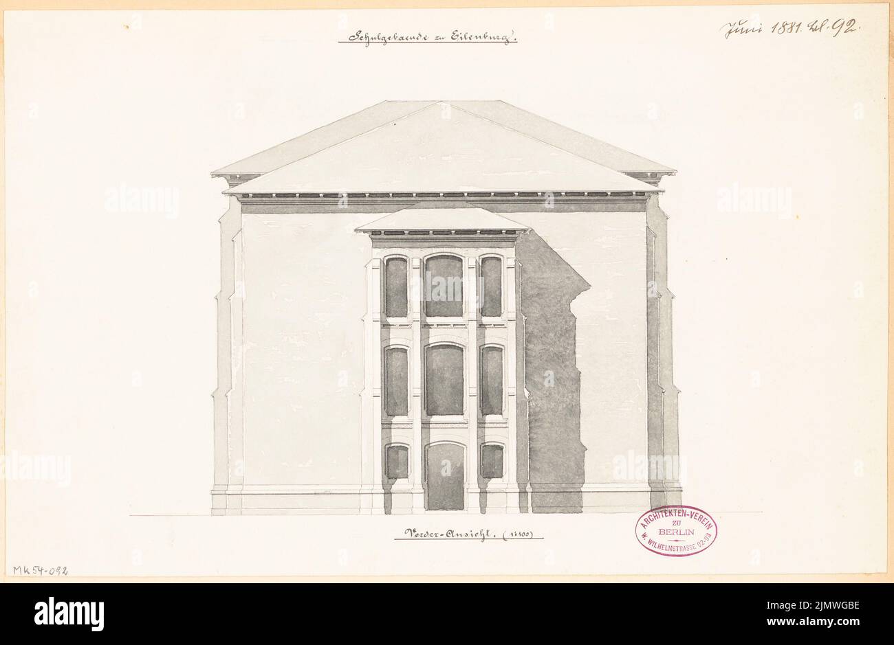 Architecte inconnu, école de garçons à Eilenburg. Compétition mensuelle juin 1881 (06,1881): Riß Street View Wilhelmstraße 1: 100. Aquarelle crayon sur la boîte, 27,2 x 41,6 cm (y compris les bords de numérisation) N. : Knabenschule, Eilenburg. Monatskonkurrenz Juni 1881 Banque D'Images