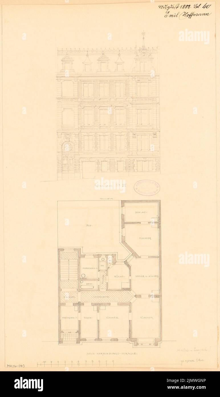 Hoffmann Emil (1845-1901), groupe de base à Halle/Saale. Compétition mensuelle août 1882 (08,1882): Plan d'étage et façade supérieure de la maison III; barre d'échelle. Aquarelle de l'encre et du crayon sur la boîte, 53,5 x 31,8 cm (y compris les bords de numérisation) Hoffmann Emil (1845-1901): Wohnhaussgruppe, Halle/Saale. Monatskonkurrenz août 1882 Banque D'Images