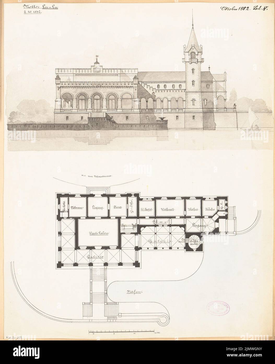 Architecte inconnu, salon d'attente princier. Compétition mensuelle octobre 1882 (10,1882): Plan d'étage rez-de-chaussée, vue sur l'eau déchirant; barre d'échelle. Tuche aquarelle sur la boîte, 55,1 x 44,7 cm (y compris les bords de numérisation) N.N. : Fürstlicher Wartesalon. Monatskonkurrenz Oktober 1882 Banque D'Images