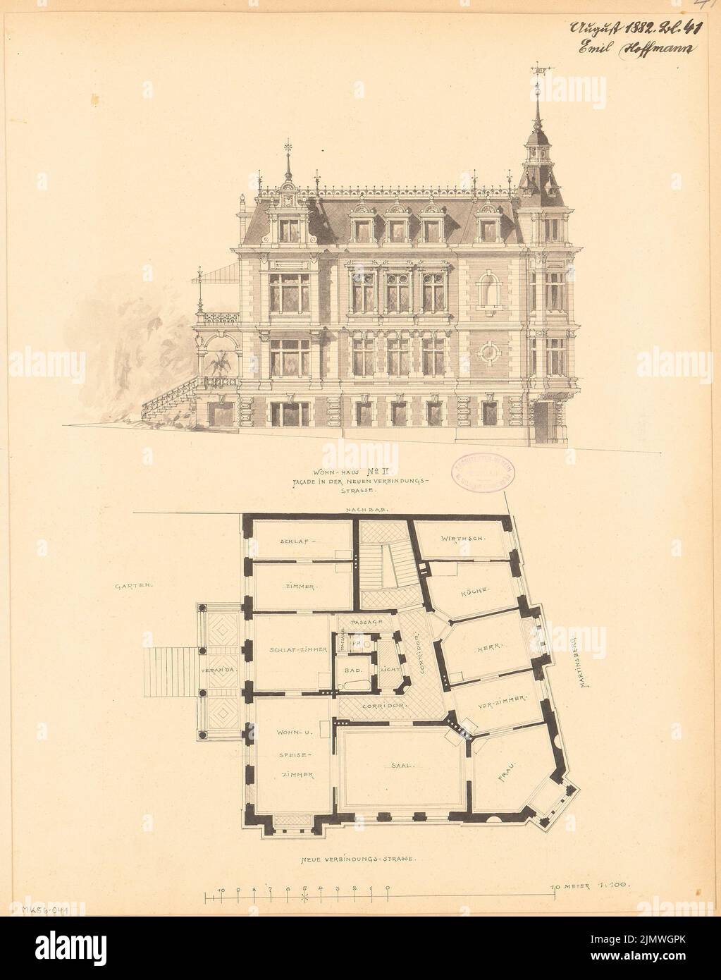 Hoffmann Emil (1845-1901), groupe de base à Halle/Saale. Compétition mensuelle août 1882 (08,1882): Plan d'étage et façade supérieure de la maison II; barre d'échelle. Encre et crayon aquarelle sur la boîte, 54,5 x 42,9 cm (y compris les bords de numérisation) Hoffmann Emil (1845-1901): Wohnhaussgruppe, Halle/Saale. Monatskonkurrenz août 1882 Banque D'Images