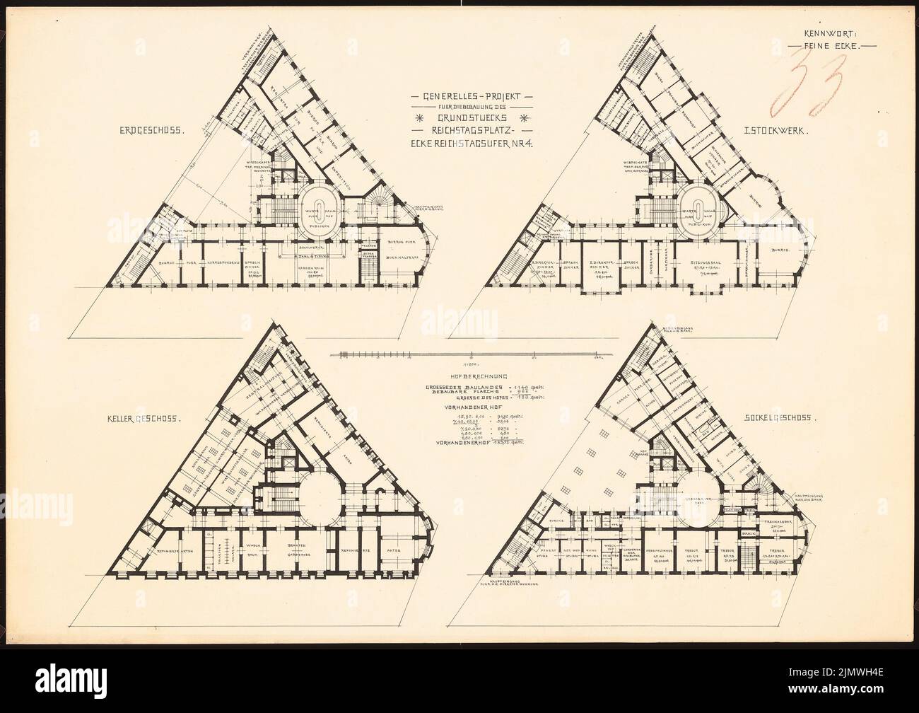 Guth Hermann (1851-1924), pas encore enregistré (sans date): Pas encore enregistré. Matériau/technologie N.N. Prise de vue, 51,9 x 73,4 cm (avec bords de balayage) Guth Hermann (1851-1924): Wettbewerb für die Bebauung des Grundstücks Reichstagsplatz Ecke Reichstagsufer 4, Berlin-Mitte Banque D'Images
