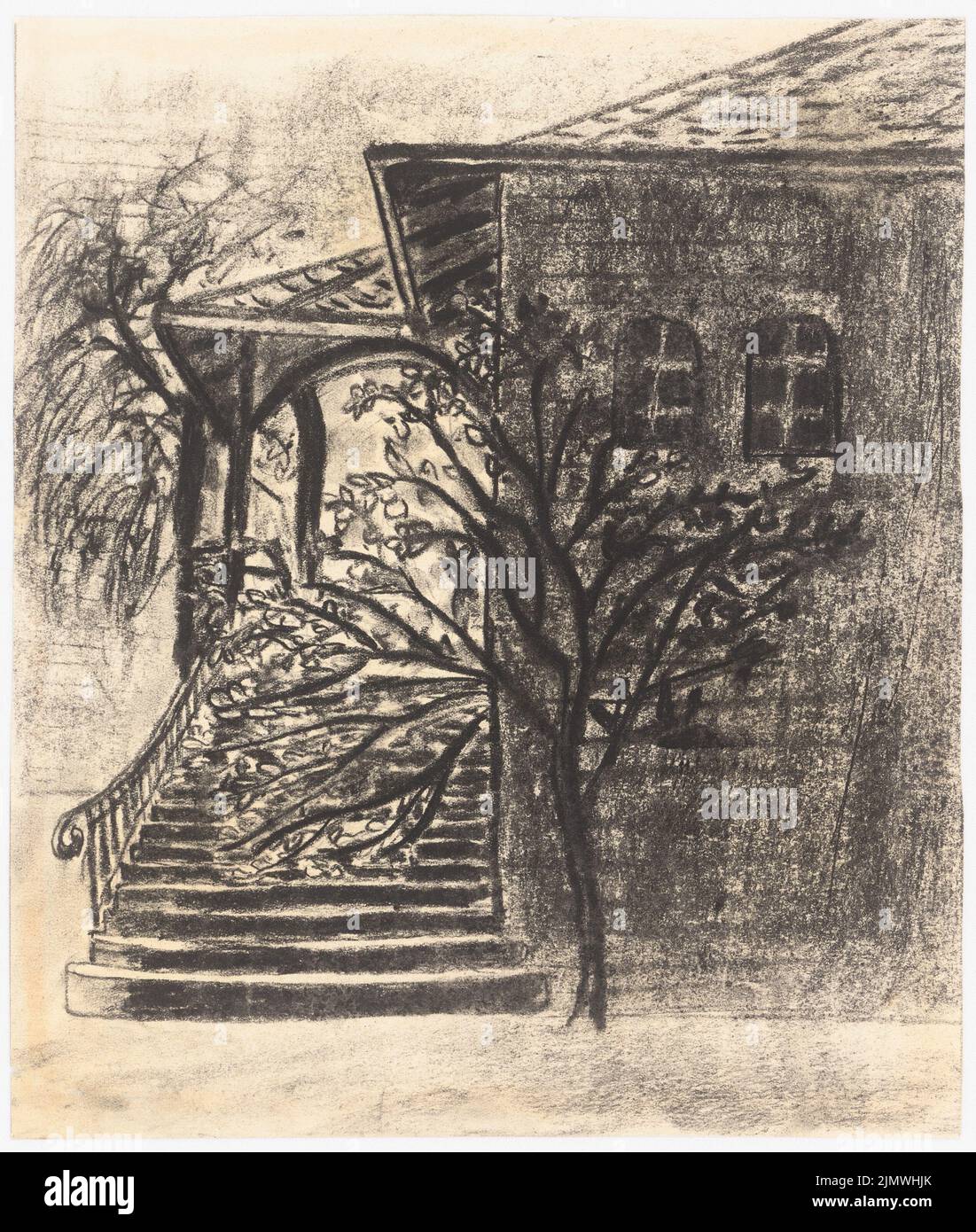 Michel Paul jun. (1922-1943), entrée de la maison avec arbre (1940): Perspective vue latérale Maison style roman avec escalier et auvent gauche, à moitié cachée par un petit arbre. Charbon sur papier, 30,1 x 25,5 cm (y compris les bords de numérisation) Michel Paul jun. (1922-1943): Wohnhauseingang mit Baum Banque D'Images