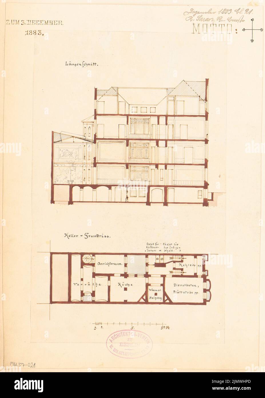 Saran Richard (1852-1925), immeuble résidentiel urbain. Compétition mensuelle décembre 1883 (12,1883): Plan d'étage Keller, coupe longitudinale; barre d'échelle. Tusche aquarelle sur papier, 30,3 x 21,6 cm (y compris les bords de numérisation) Saran Richard (1852-1925): Städtisches Wohnhaus. Monatskonkurrenz Dezember 1883 Banque D'Images