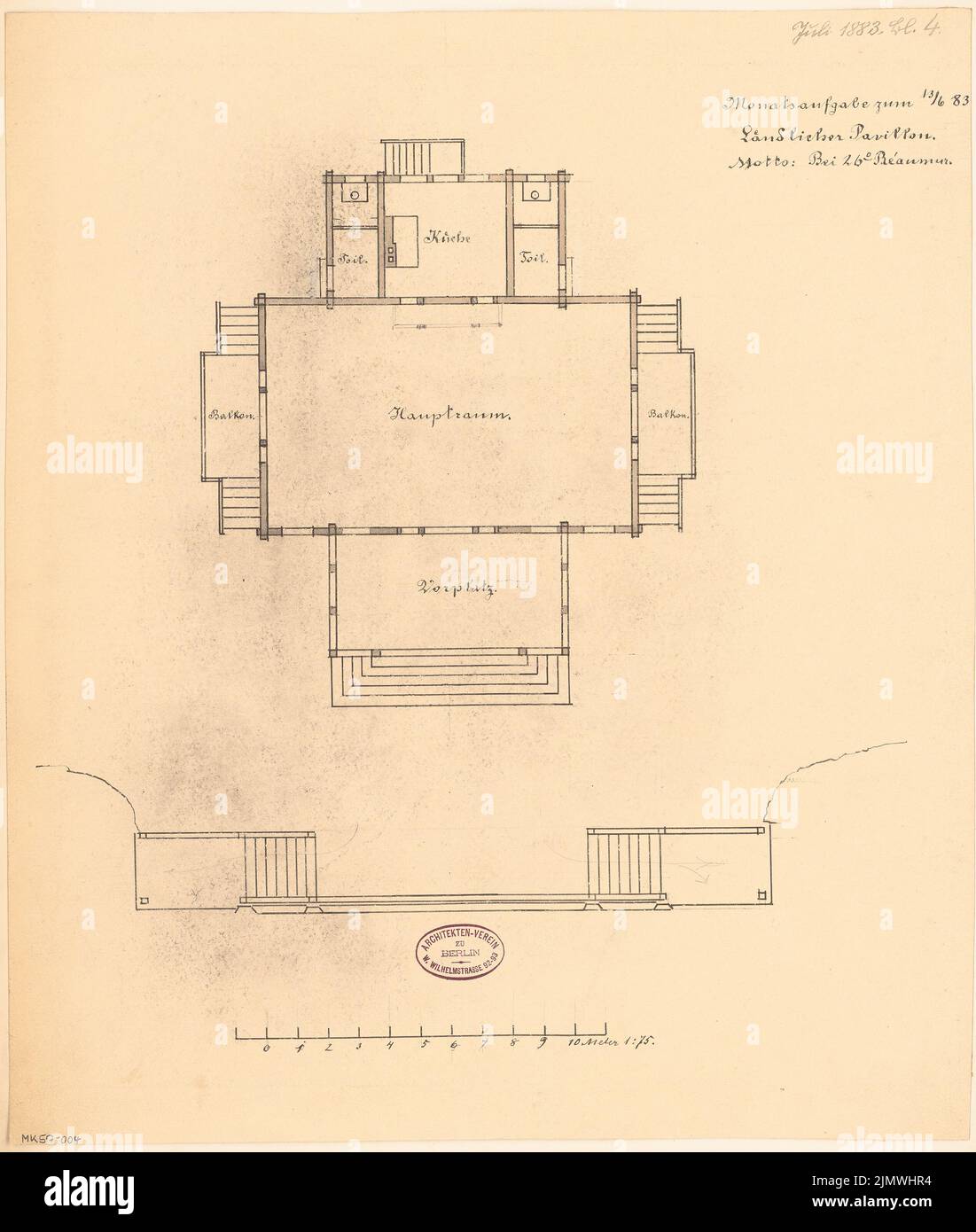 Architecte inconnu, pavillon rural. Compétition mensuelle juillet 1883 (07,1883): Plan d'étage rez-de-chaussée 1:75; barre d'échelle. Encre sur carton, 49,7 x 42,1 cm (y compris les bords de numérisation) N.N. : Pavillon Ländlicher. Monatskonkurrenz Juli 1883 Banque D'Images