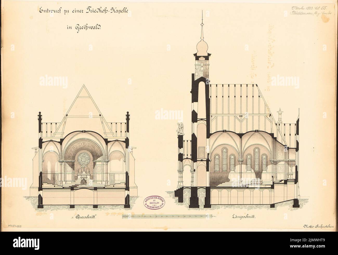 Plüddemann Richard (1846-1910), chapelle de cimetière à Greifswald. Compétition mensuelle octobre 1883 (10,1883): Section longitudinale, section transversale (autel de direction); barre d'échelle. Tuche aquarelle sur la boîte, 40,2 x 58,6 cm (y compris les bords de balayage) Plüddemann Richard (1846-1910): Friedhofskapelle, Greifswald. Monatskonkurrenz Oktober 1883 Banque D'Images