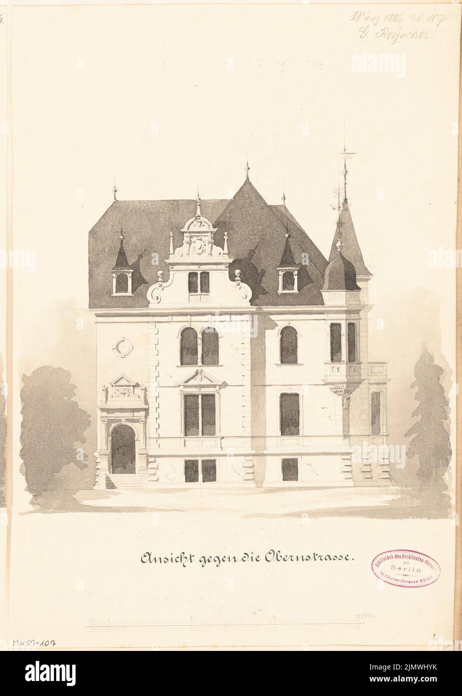 Reyscher Gustav, Villa pour M. Katzenstein à Bielefeld. Compétition mensuelle Mars 1884 (03,1884): Vue du dessus d'Obernstraße; barre d'échelle. Aquarelle crayon sur la boîte, 39 x 27,7 cm (y compris les bords de balayage) Reyscher Gustav : Villa für M. Katzenstein, Bielefeld. Monatskonkurrenz März 1884 Banque D'Images