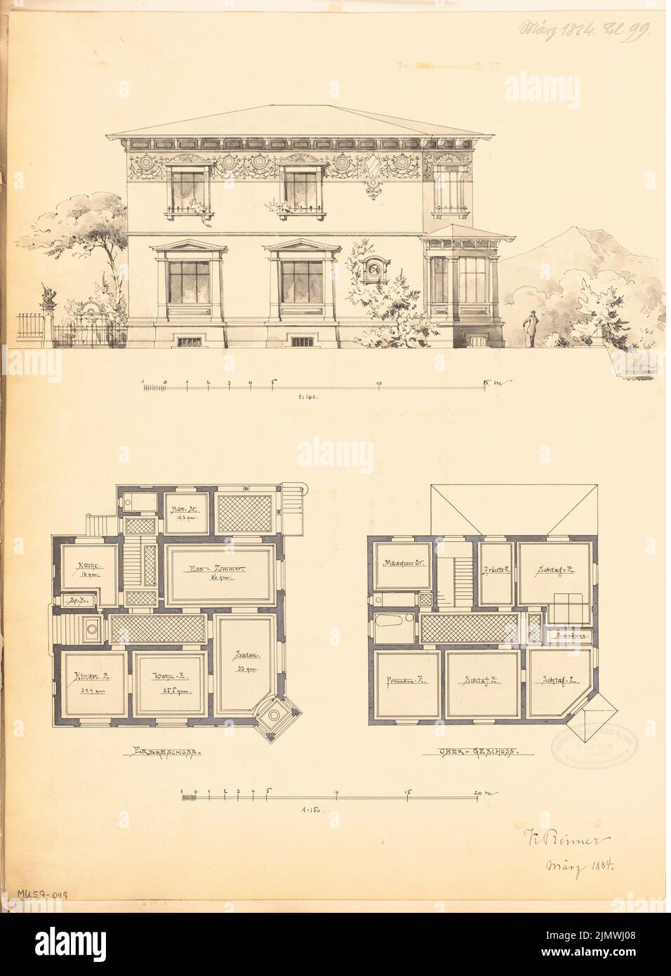 Reimer Konrad (1853-1915), villa pour M. Katzenstein à Bielefeld. Compétition mensuelle Mars 1884 (03,1884): Plan d'étage rez-de-chaussée, étage supérieur 1: 150, vue avant déchirement (de Obernstraße) 1: 100; 2 bandes d'échelle. Tuche aquarelle sur la boîte, 43,2 x 31,8 cm (y compris les bords de balayage) Reimer Konrad (1853-1915): Villa für M. Katzenstein, Bielefeld. Monatskonkurrenz März 1884 Banque D'Images