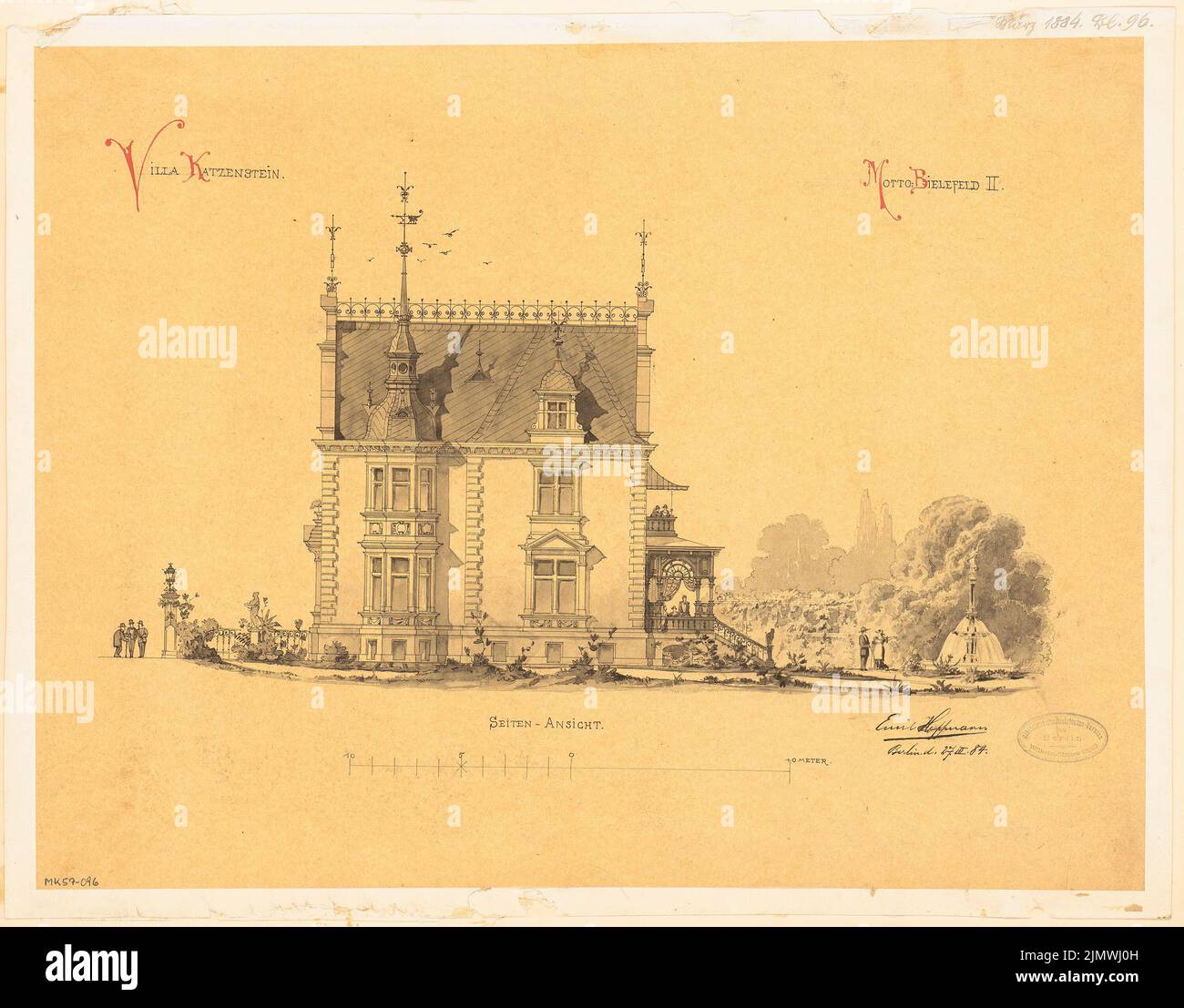 Hoffmann Emil (1845-1901), villa pour M. Katzenstein à Bielefeld. Compétition mensuelle Mars 1884 (03,1884): Vue latérale supérieure (de l'ouest); barre d'échelle. Tusche aquarelle sur transparent, 41,6 x 53,1 cm (y compris les bords de balayage) Hoffmann Emil (1845-1901): Villa für M. Katzenstein, Bielefeld. Monatskonkurrenz März 1884 Banque D'Images