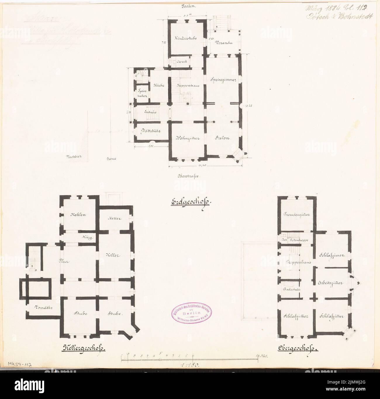 Poetsch & Bohnstedt, Villa pour M. Katzenstein à Bielefeld. Compétition mensuelle Mars 1884 (03,1884): Grundliss Keller, rez-de-chaussée, étage supérieur 1: 150; barre d'échelle. Aquarelle crayon sur la boîte, 38,3 x 39,1 cm (y compris les bords du scan) Poetsch & Bohnstedt : Villa für M. Katzenstein, Bielefeld. Monatskonkurrenz März 1884 Banque D'Images