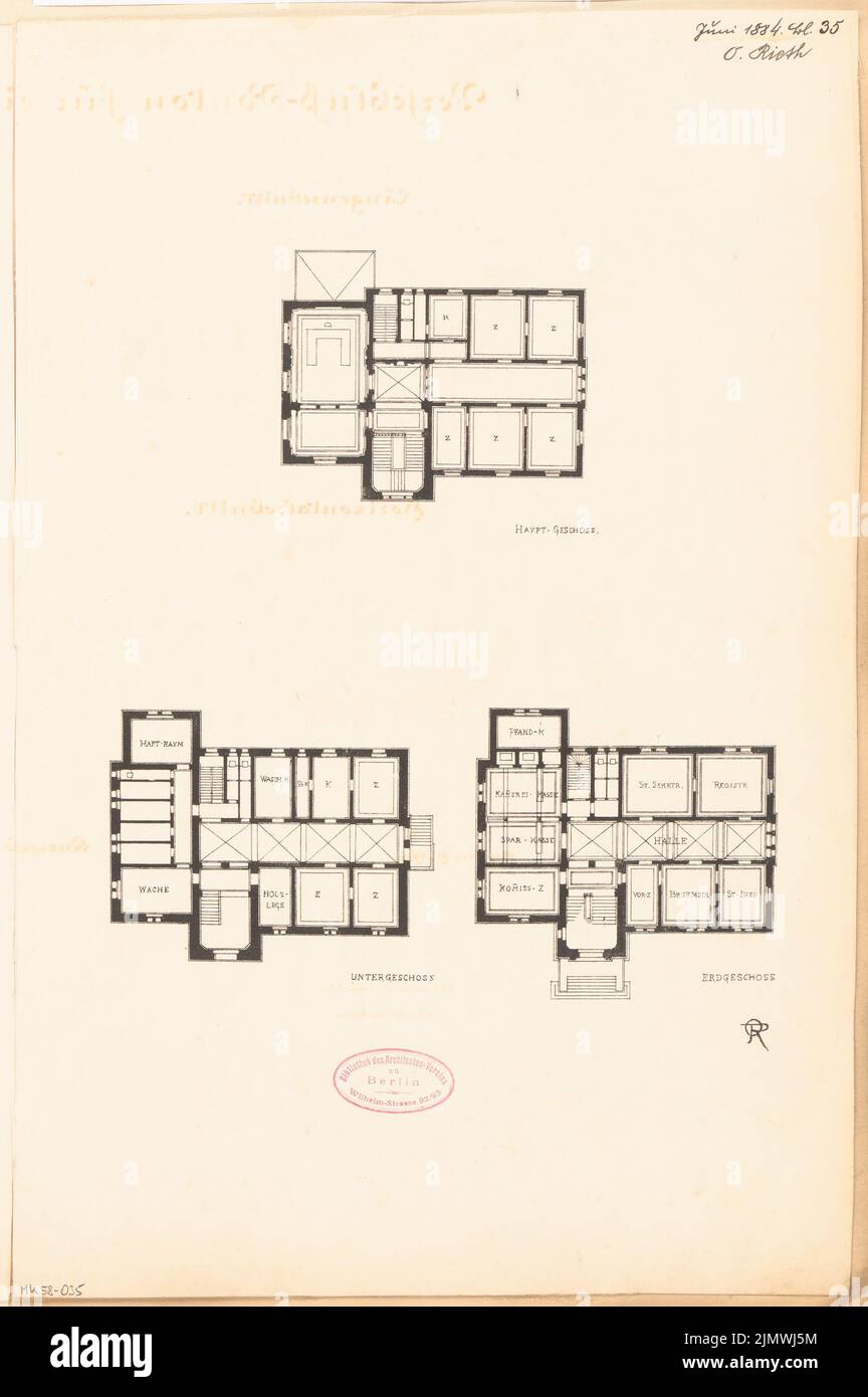 Rieth Otto (1858-1911), hôtel de ville de Ratenburg. Compétition mensuelle juin 1884 (06,1884): Grundliss Keller, rez-de-chaussée, étage supérieur. Impression, 44,4 x 29,5 cm (y compris les bords de numérisation) Rieth Otto (1858-1911) : Rathaus, Ratenburg. Monatskonkurrenz Juni 1884 Banque D'Images