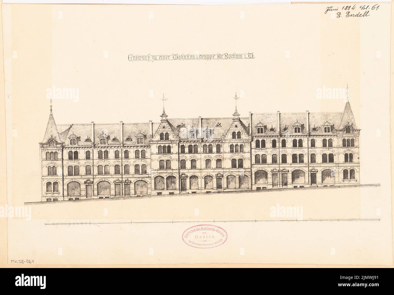 Endell Eduard (1852-1911), groupe à domicile à Bochum. Compétition mensuelle du 1884 juin (06,1884) : vue sur la rue Riß ; barre d'échelle. Pression sur le carton, 24,7 x 36,4 cm (y compris les bords de balayage) Endell Eduard (1852-1911): Wohnhausgruppe, Bochum. Monatskonkurrenz Juni 1884 Banque D'Images