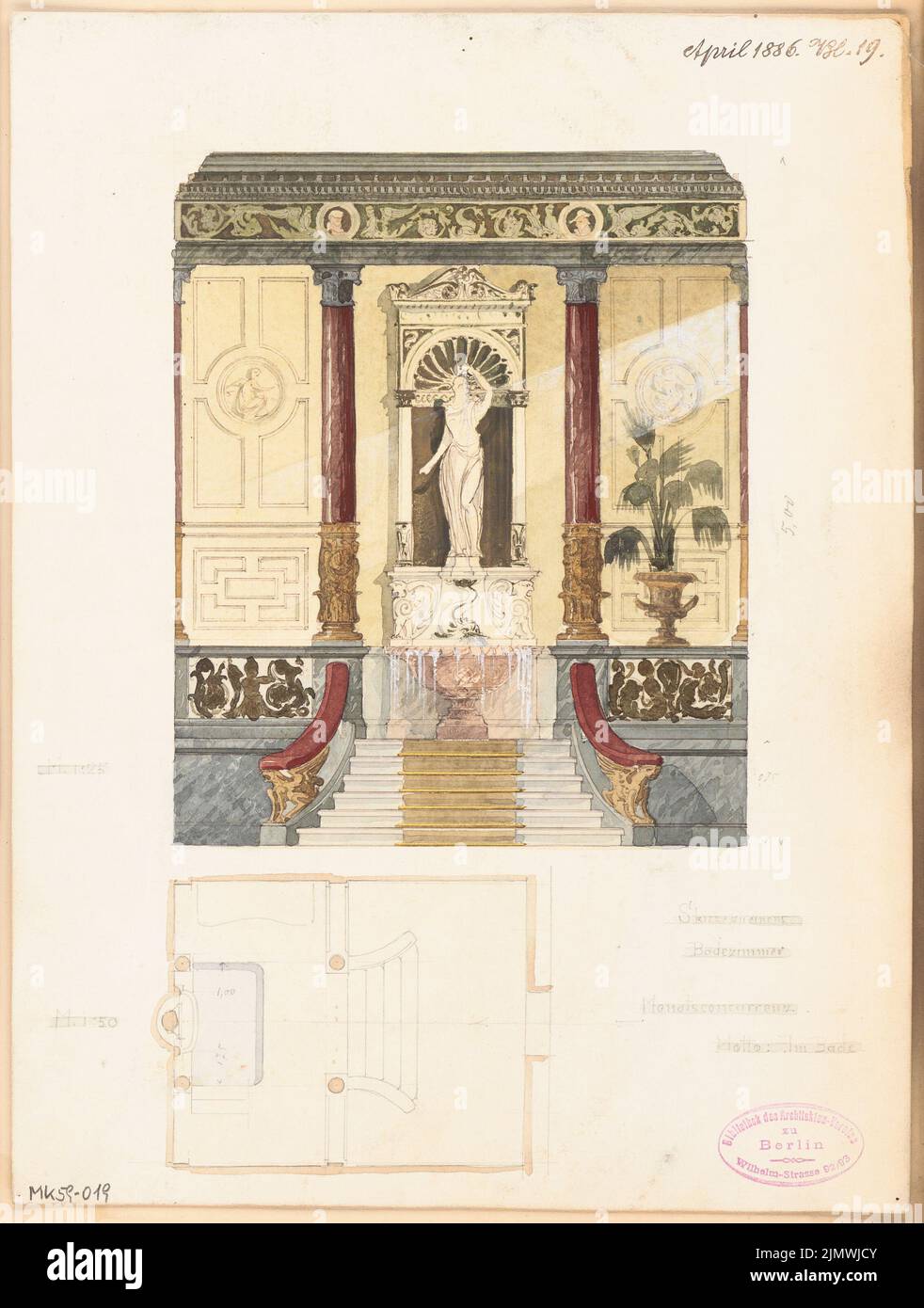 Architecte inconnu, salle de bains. Compétition mensuelle avril 1886 (04,1886): Plan d'étage 1:50, vue sur le mur de la torte 1:25; barre d'échelle. Encre et crayon aquarelle sur la boîte, 34,7 x 26,2 cm (y compris les bords de numérisation) N. : Badezimmer. Monatskonkurrenz avril 1886 Banque D'Images