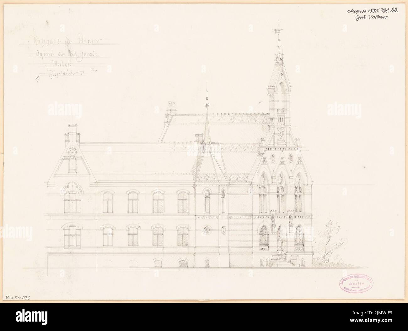 Vollmer Johannes (1845-1920), hôtel de ville de Nauen. Compétition mensuelle en août 1885 (08,1885) : vue latérale du RISS vers le sud. Crayon sur carton, 36,6 x 49,4 cm (y compris les bords de balayage) Vollmer Johannes (1845-1920): Rathaus, Nauen. Monatskonkurrenz août 1885 Banque D'Images