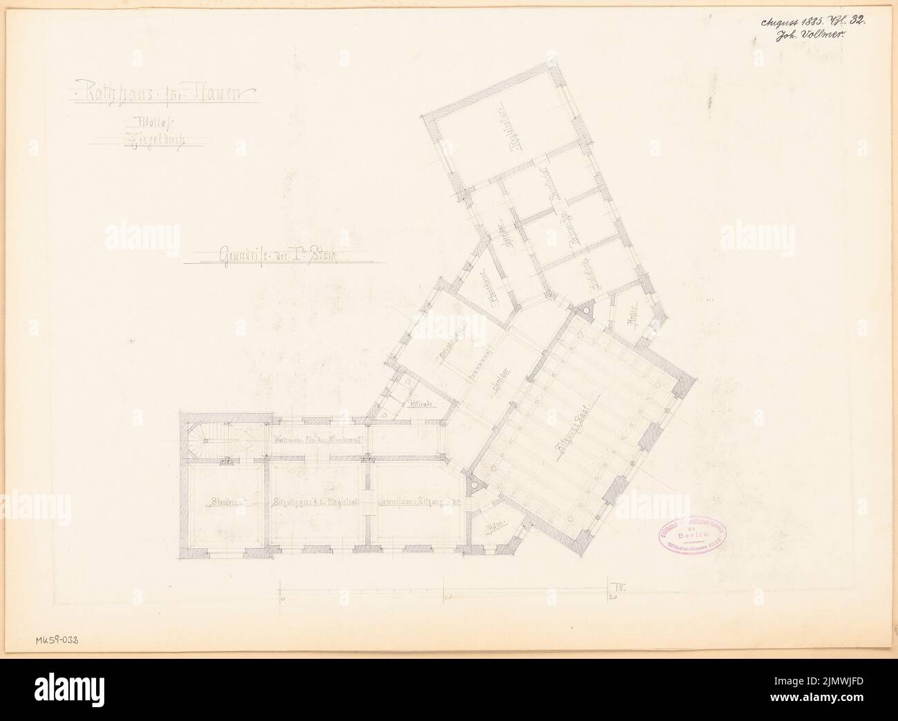 Vollmer Johannes (1845-1920), hôtel de ville de Nauen. Compétition mensuelle le 1885 août (08,1885) : plan d'étage à l'étage supérieur; barre d'échelle. Aquarelle crayon sur la boîte, 40,1 x 54,7 cm (y compris les bords du scan) Vollmer Johannes (1845-1920): Rathaus, Nauen. Monatskonkurrenz août 1885 Banque D'Images