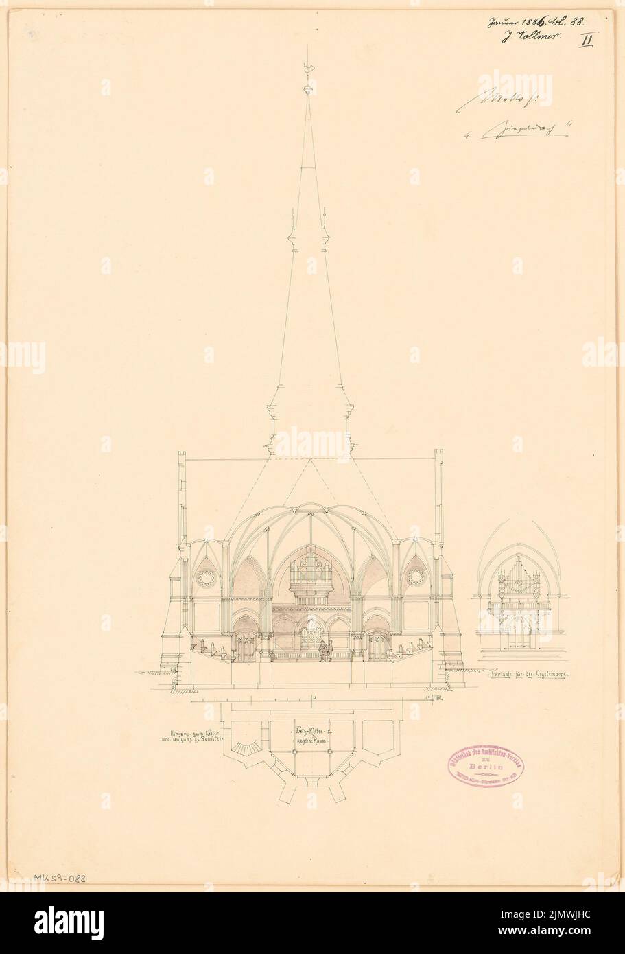 Vollmer Johannes (1845-1920), Eglise évangélique de Saint Johannes à Eberswalde. Compétition mensuelle janvier 1886 (01,1886): Grundriss encolure Keller, coupe transversale (vers l'orgue/entrée) avec variante; barre d'échelle. Tuche aquarelle sur la boîte, 48,5 x 34,1 cm (y compris les bords de balayage) Vollmer Johannes (1845-1920): Evangelische Kirche St. Johannes, Eberswalde. Monatskonkurrenz Januar 1886 Banque D'Images