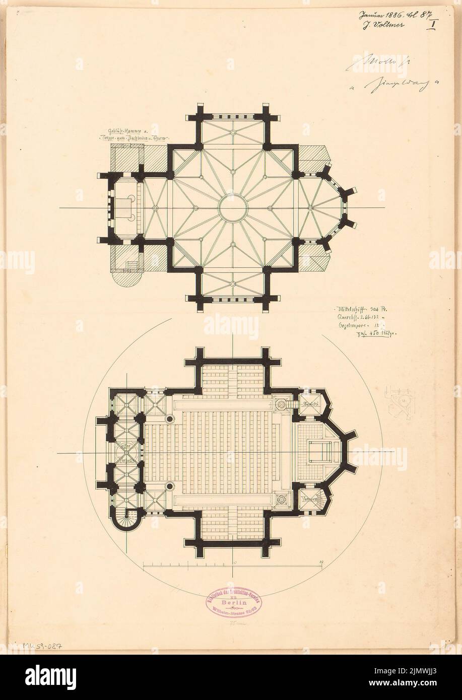 Vollmer Johannes (1845-1920), Eglise évangélique de Saint Johannes à Eberswalde. Compétition mensuelle janvier 1886 (01,1886): Plan d'étage rez-de-chaussée, niveau coffre-fort; barre d'échelle. Tuche aquarelle sur la boîte, 48,6 x 34,3 cm (y compris les bords de balayage) Vollmer Johannes (1845-1920): Evangelische Kirche St. Johannes, Eberswalde. Monatskonkurrenz Januar 1886 Banque D'Images