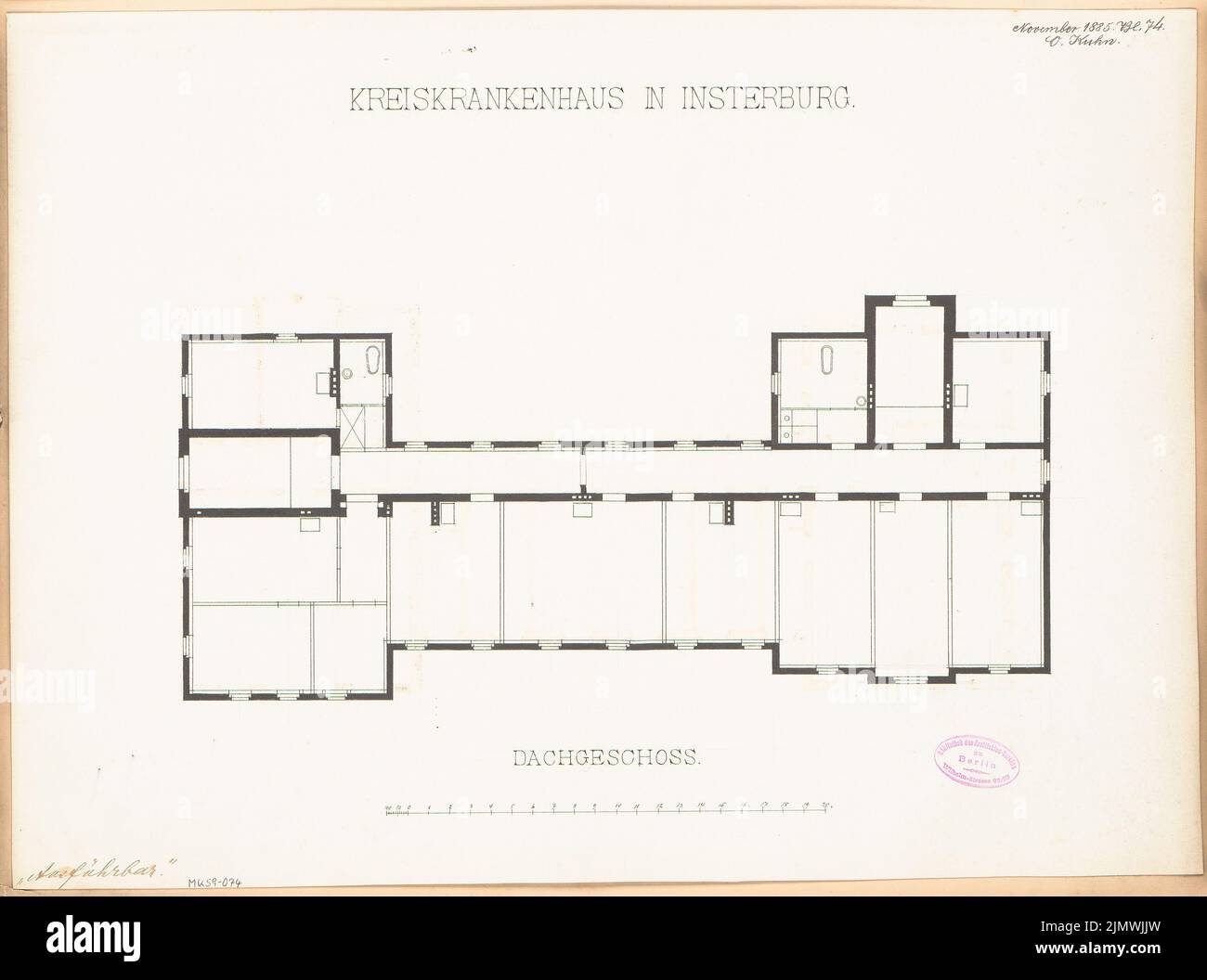 Kuhn Friedrich Oswald (1846-1922), hôpital de district d'Innerburg. Compétition mensuelle novembre 1885 (11,1885): Plan d'étage grenier; barre d'échelle. Encre sur carton, 41,9 x 56,4 cm (y compris les bords de balayage) Kuhn Friedrich Oswald (1846-1922): Kreiskrankenhaus, Innerburg. Monatskonkurrenz novembre 1885 Banque D'Images