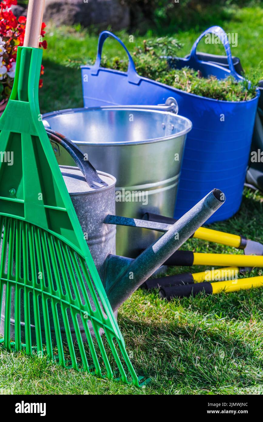 Outils de jardinage sur l'herbe dans le jardin. Banque D'Images