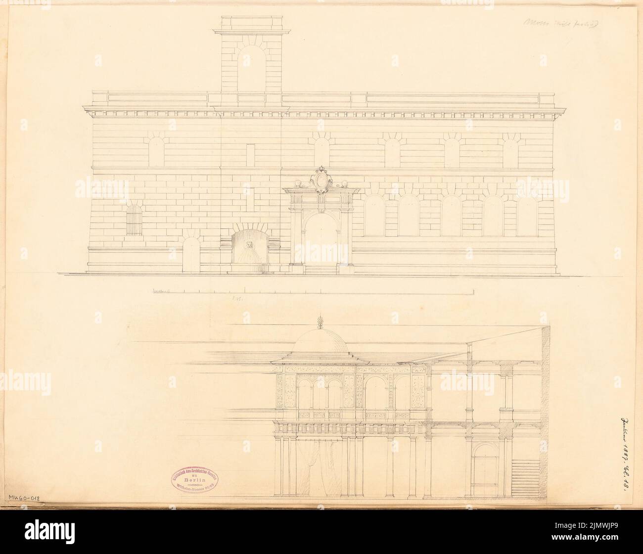 Architecte inconnu, bâtiment de consulat dans un pays arabe. Compétition mensuelle en janvier 1887 (01,1887): Riß Street View 1:75, section partiellement longitudinale. Crayon sur carton, 44,4 x 56 cm (y compris les bords de numérisation) N. : Konsulatsgebäude in einem arabischen Land. Monatskonkurrenz Januar 1887 Banque D'Images
