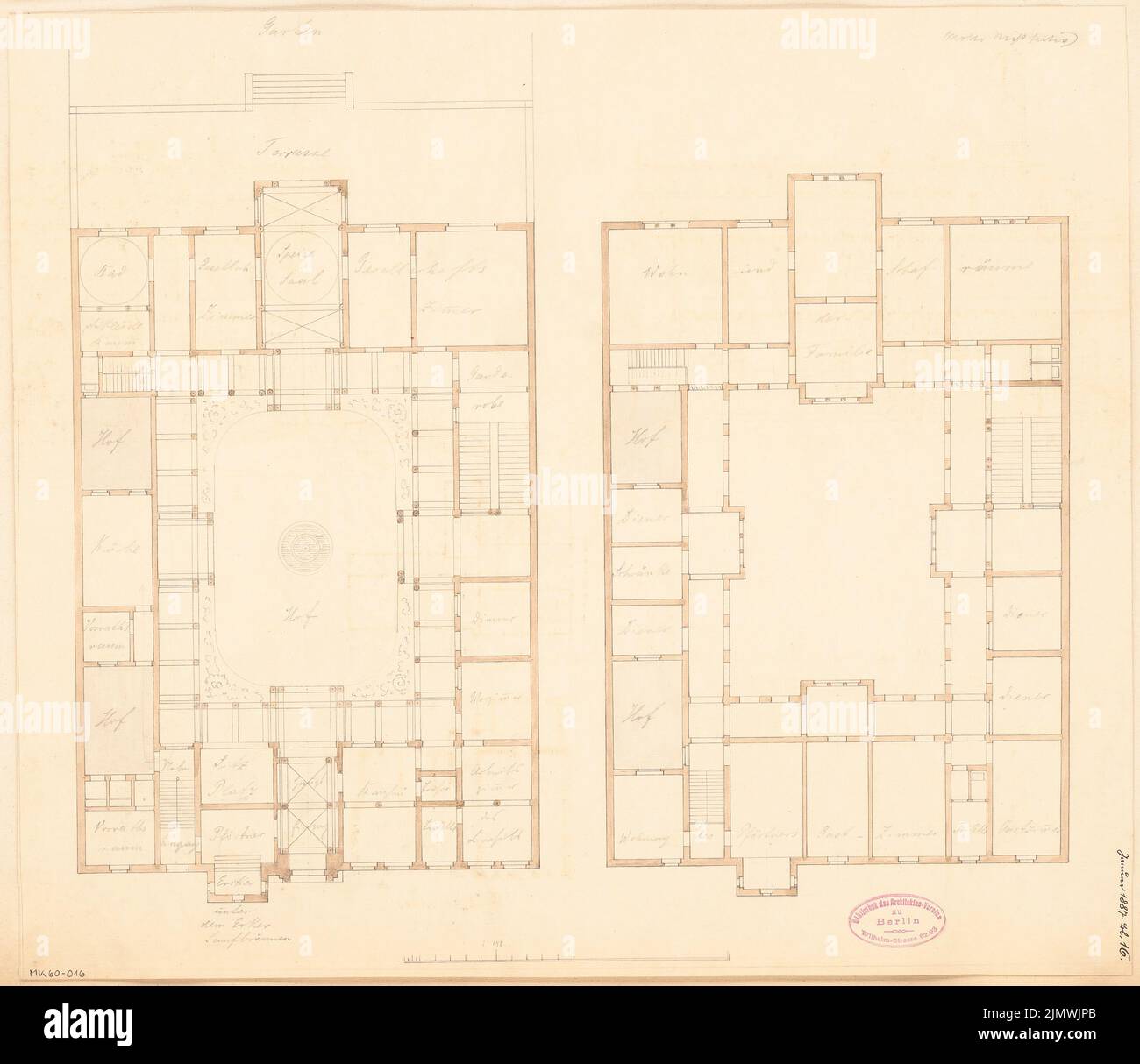 Architecte inconnu, bâtiment de consulat dans un pays arabe. Compétition mensuelle janvier 1887 (01,1887): Plan d'étage rez-de-chaussée, étage supérieur 1: 150; barre d'échelle. Aquarelle crayon sur la boîte, 42,4 x 49 cm (y compris les bords de numérisation) N. : Konsulatsgebäude in einem arabischen Land. Monatskonkurrenz Januar 1887 Banque D'Images
