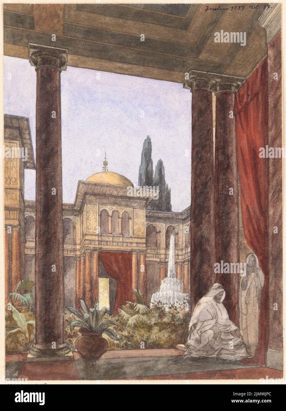 Architecte inconnu, bâtiment de consulat dans un pays arabe. Compétition mensuelle du 1887 janvier (01,1887) : vue sur la cour. Tuche aquarelle sur papier, 25,5 x 18,9 cm (y compris les bords de numérisation) N.N. : Konsulatsgebäude in einem arabischen Land. Monatskonkurrenz Januar 1887 Banque D'Images